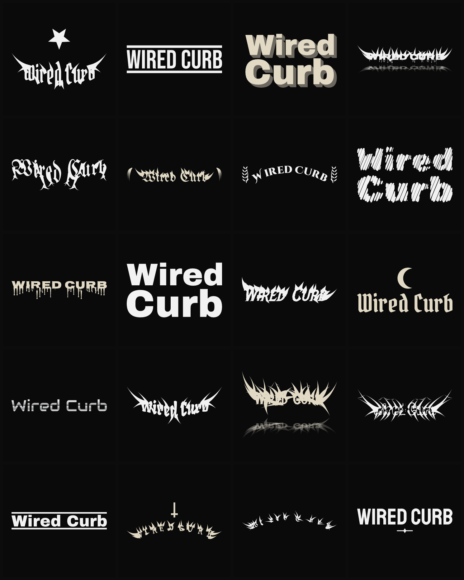 Twenty Wired Curb band logo ideas — different faces, treatments and spike settings
