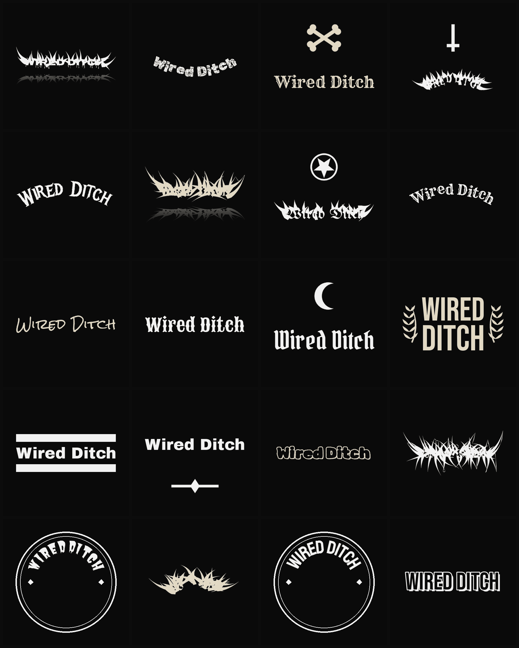 Twenty Wired Ditch band logo ideas — different faces, treatments and spike settings