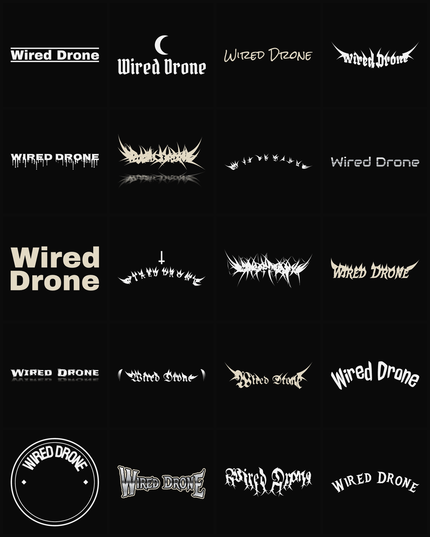 Twenty Wired Drone band logo ideas — different faces, treatments and spike settings