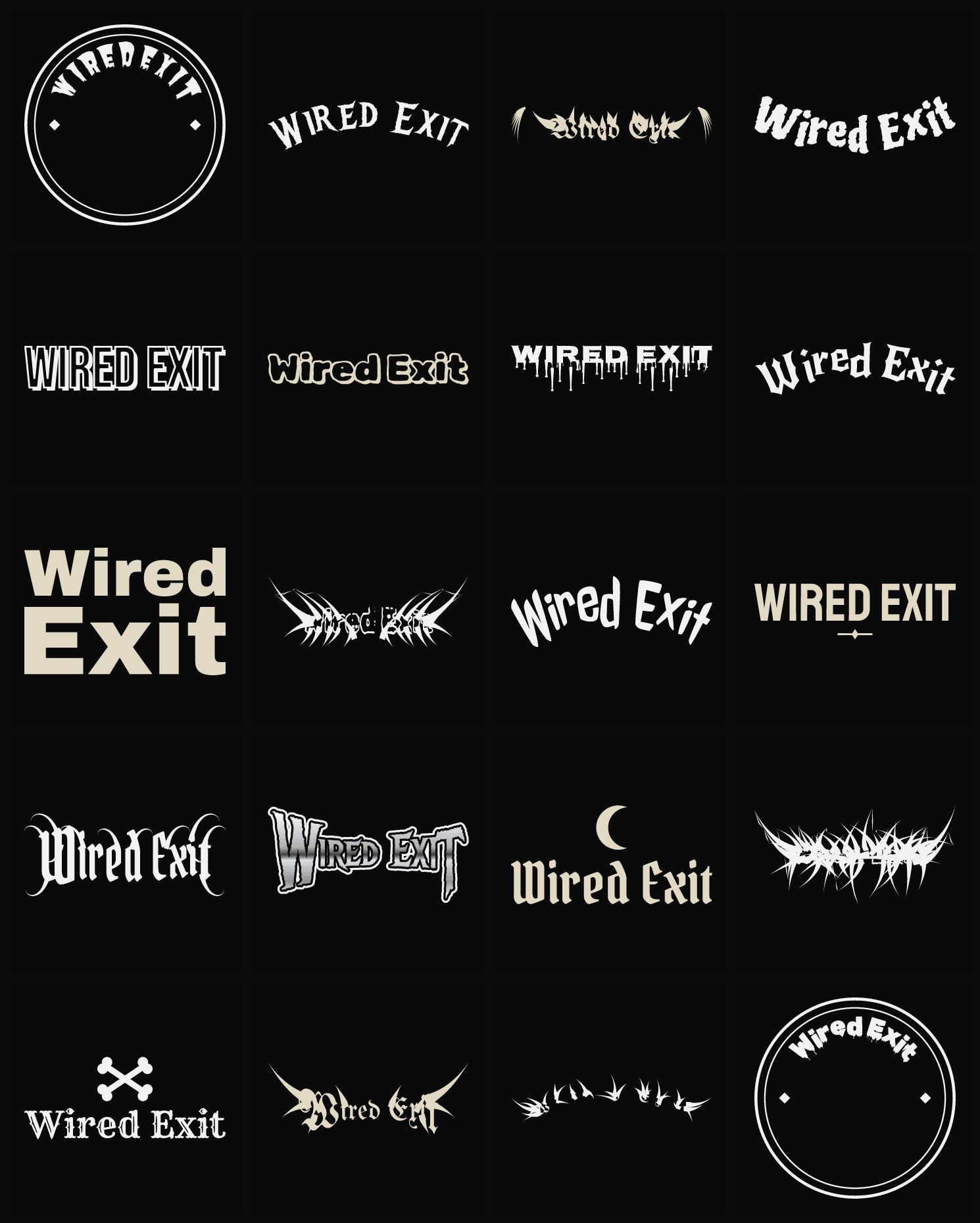 Twenty Wired Exit band logo ideas — different faces, treatments and spike settings