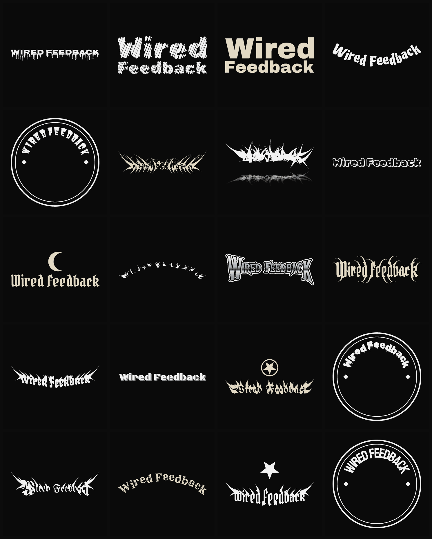Twenty Wired Feedback band logo ideas — different faces, treatments and spike settings