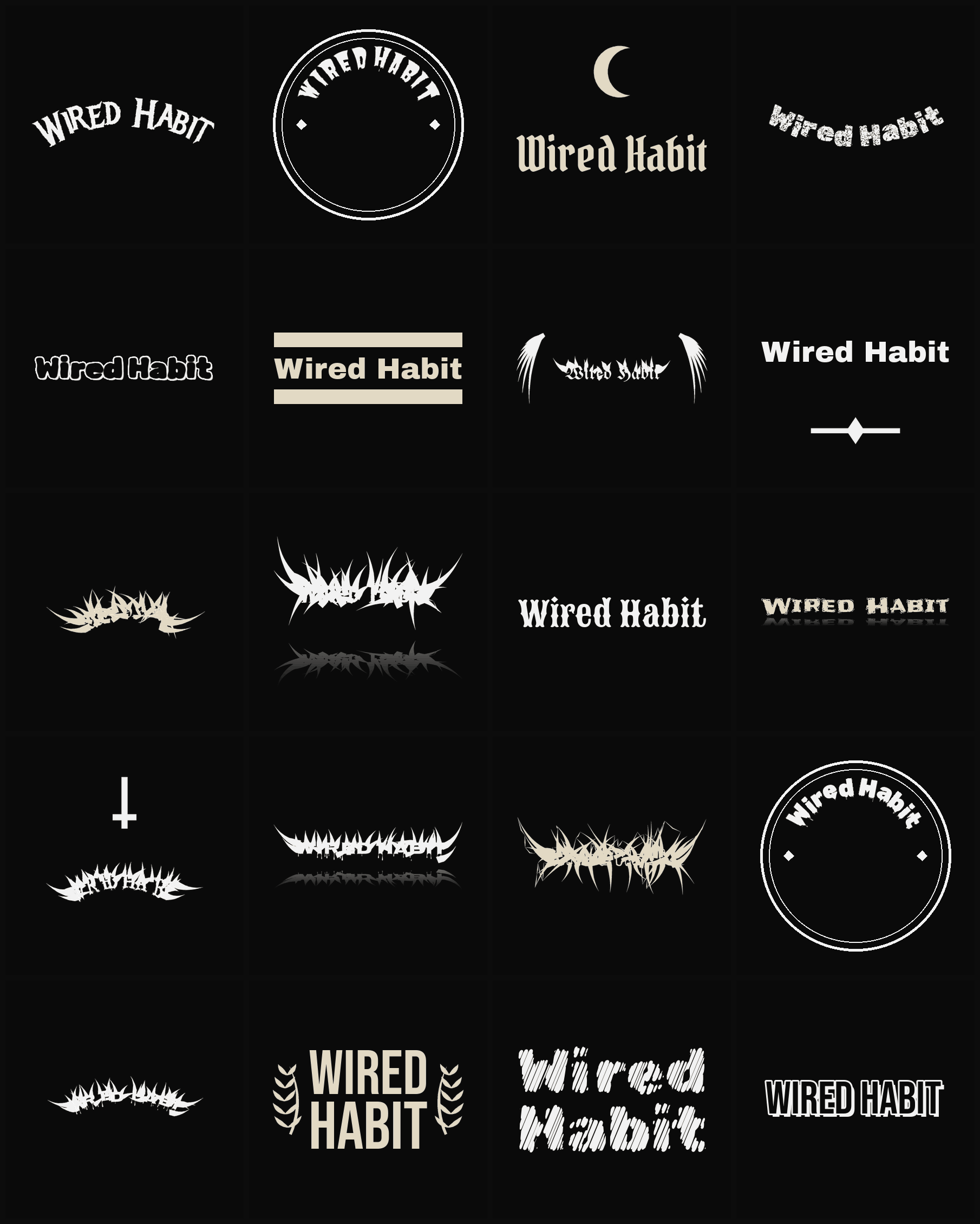 Twenty Wired Habit band logo ideas — different faces, treatments and spike settings