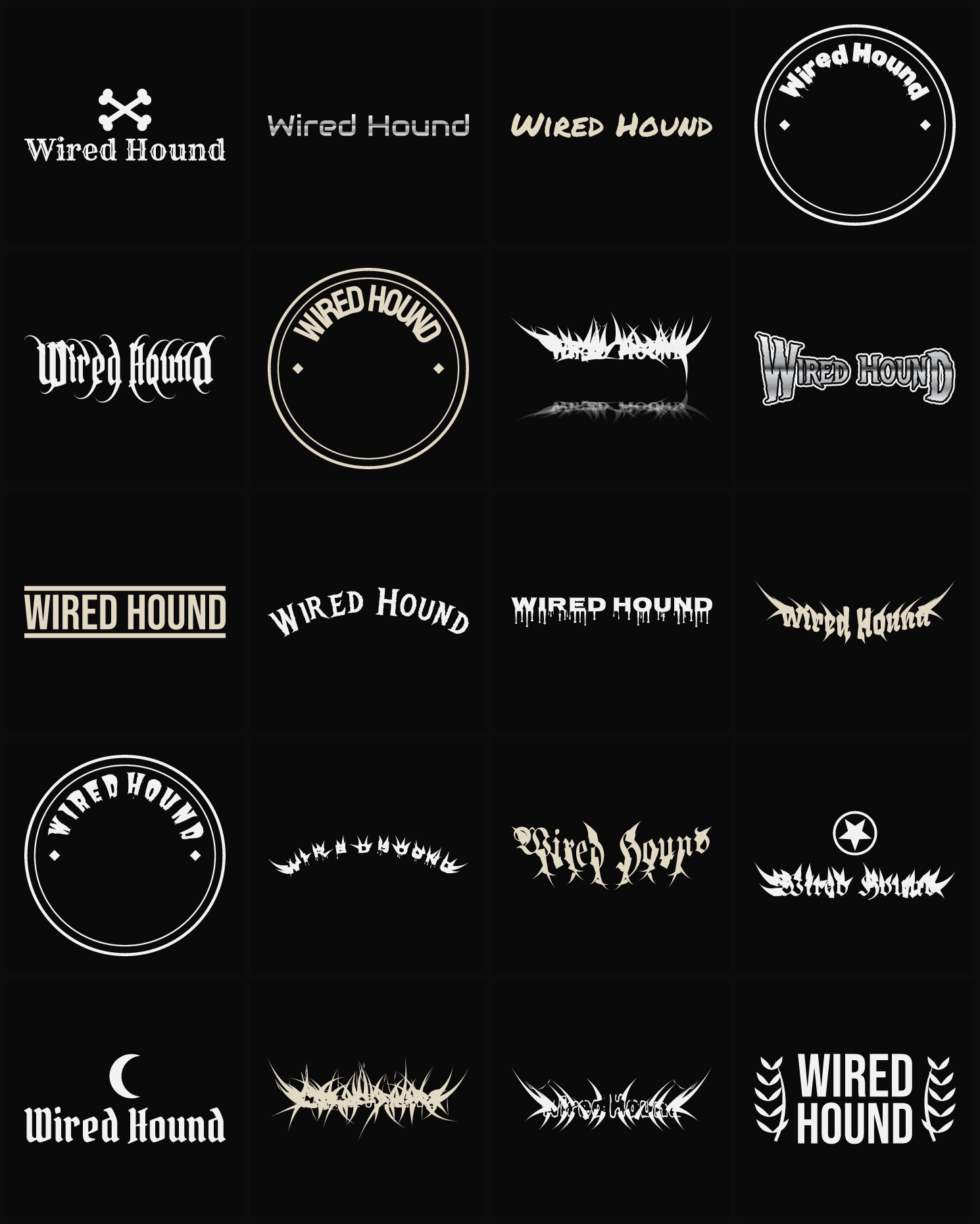 Twenty Wired Hound band logo ideas — different faces, treatments and spike settings