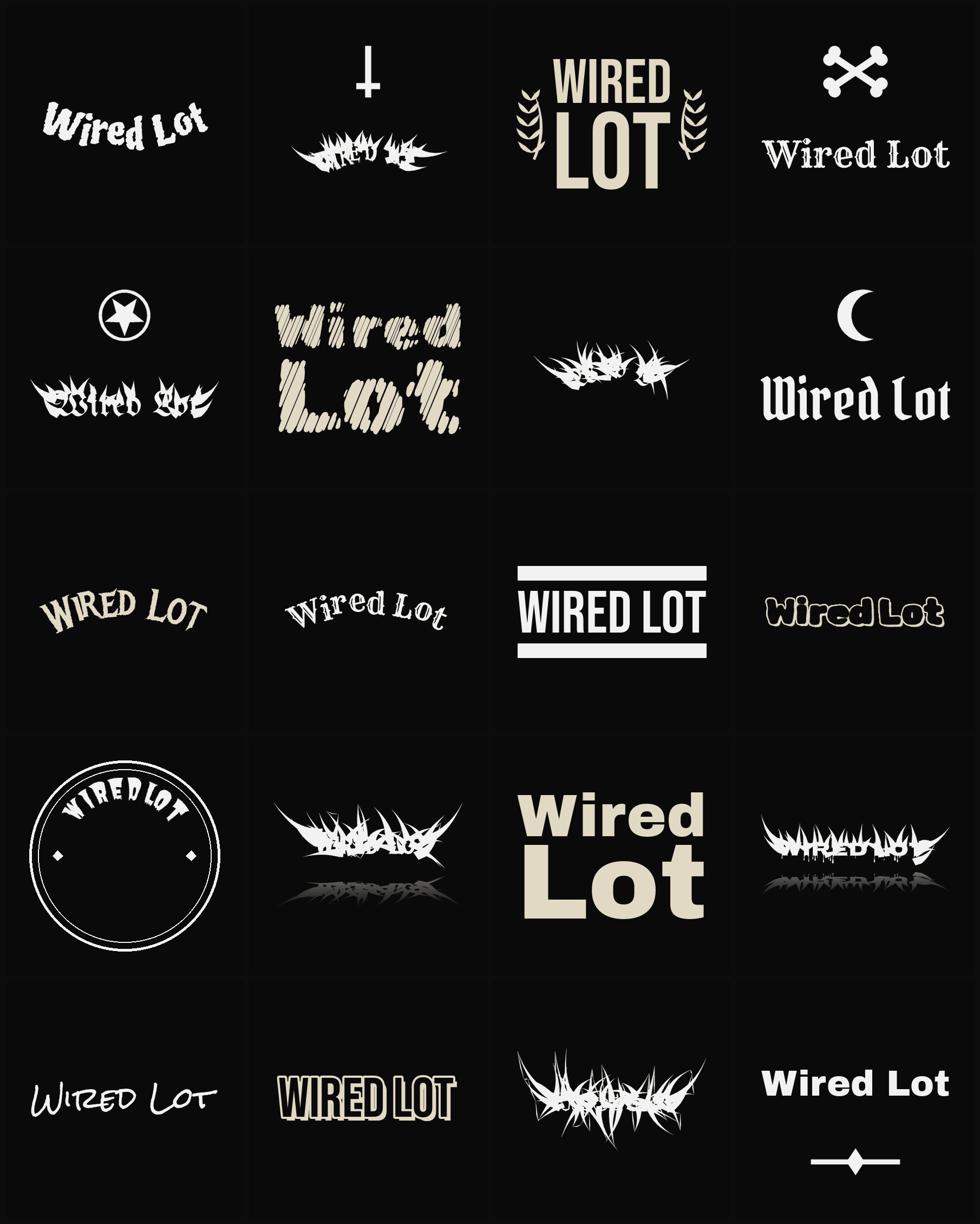 Twenty Wired Lot band logo ideas — different faces, treatments and spike settings
