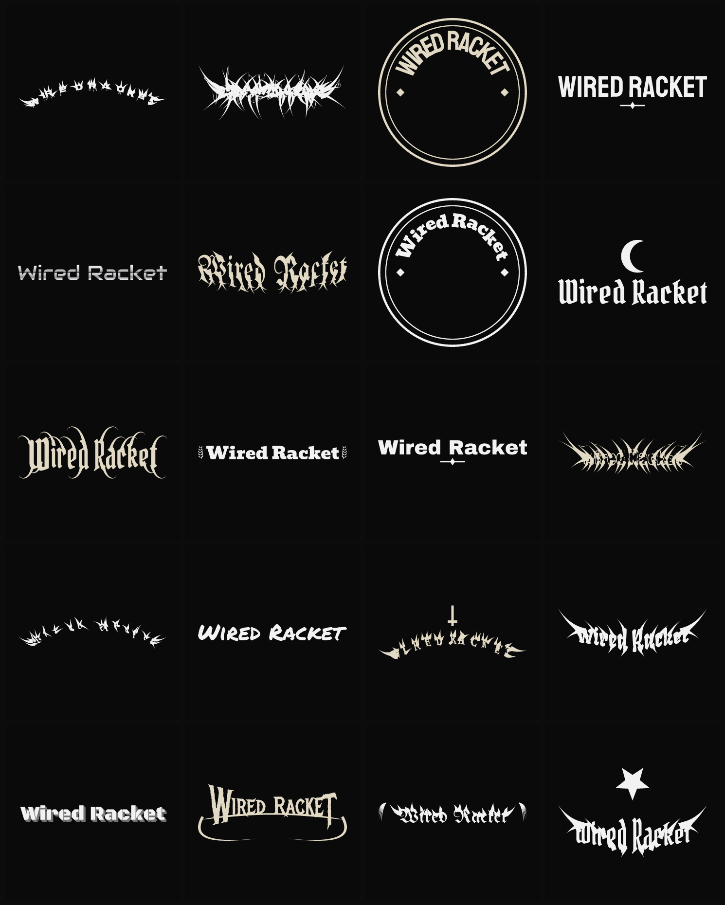 Twenty Wired Racket band logo ideas — different faces, treatments and spike settings
