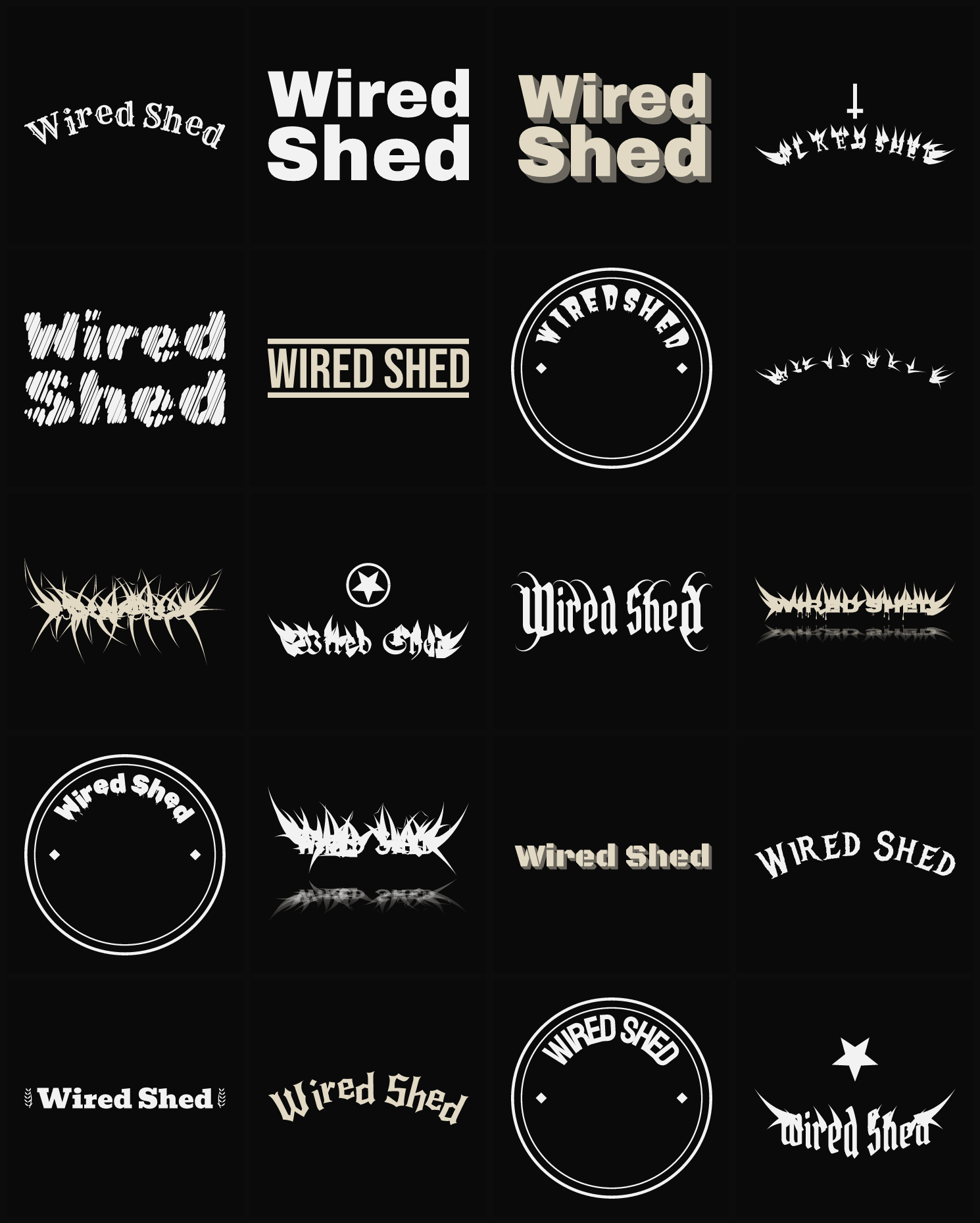 Twenty Wired Shed band logo ideas — different faces, treatments and spike settings