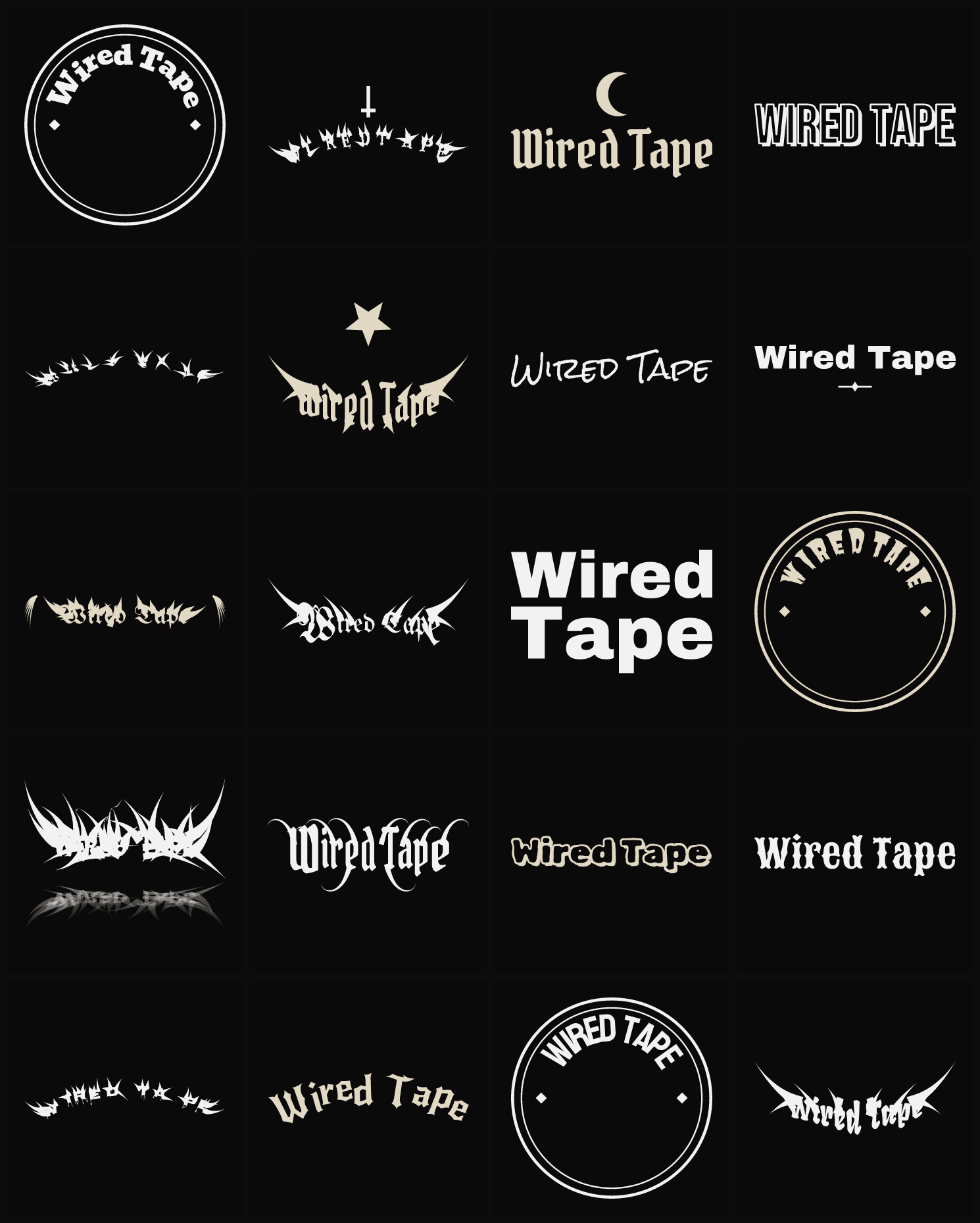 Twenty Wired Tape band logo ideas — different faces, treatments and spike settings