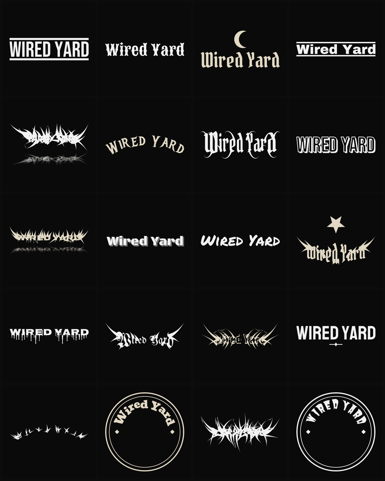 Twenty Wired Yard band logo ideas — different faces, treatments and spike settings
