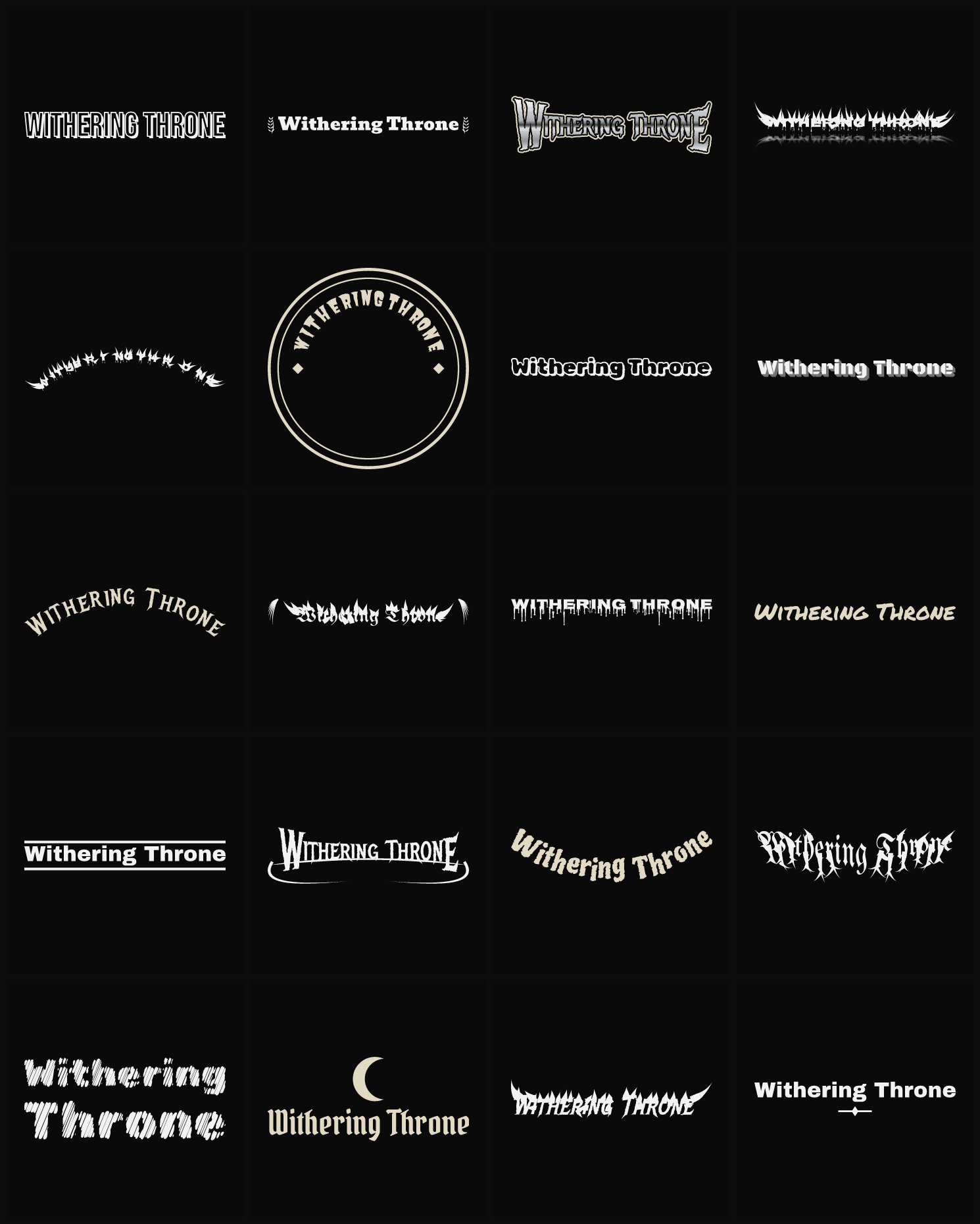 Twenty Withering Throne band logo ideas — different faces, treatments and spike settings