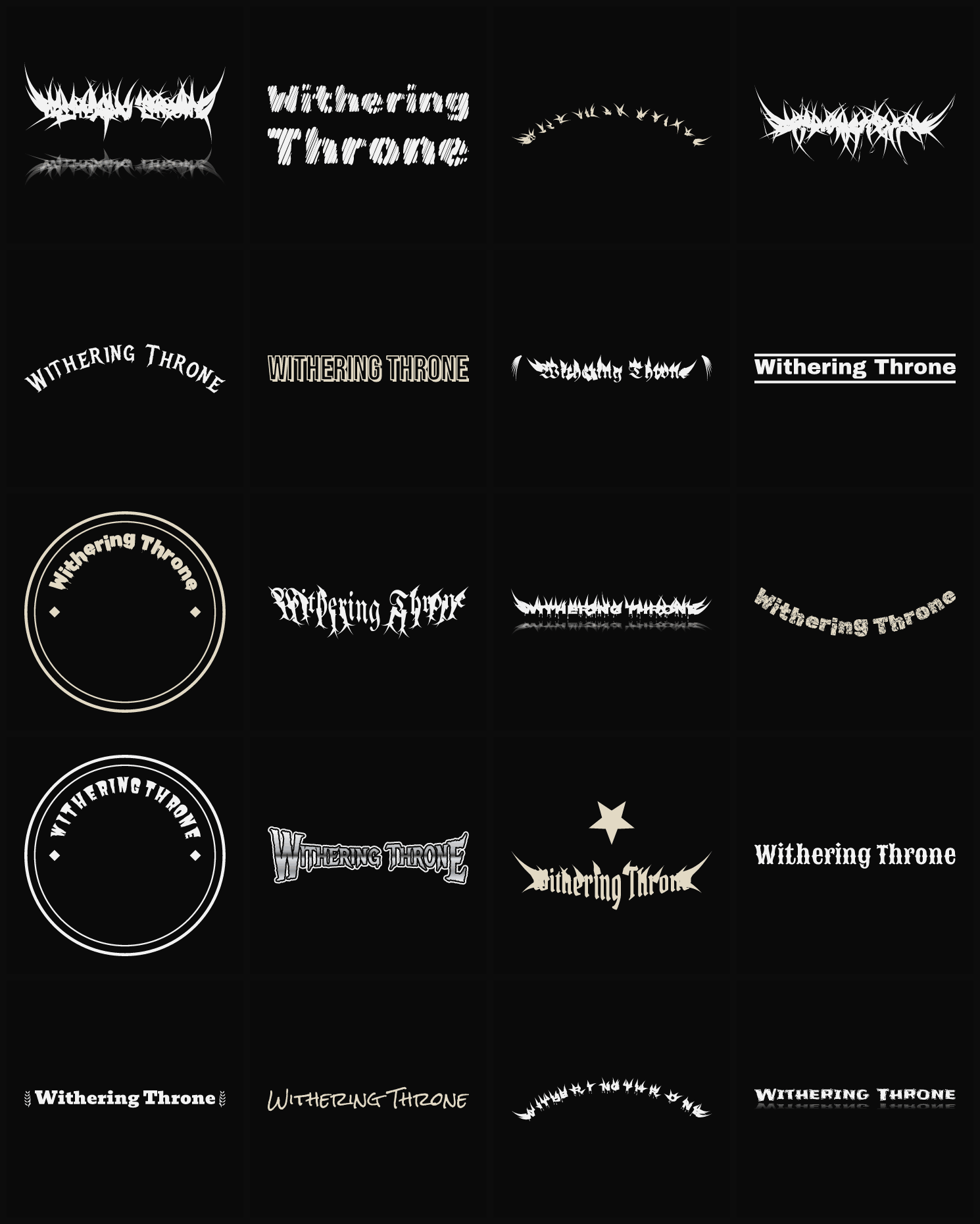 Twenty Withering Throne band logo ideas — different faces, treatments and spike settings
