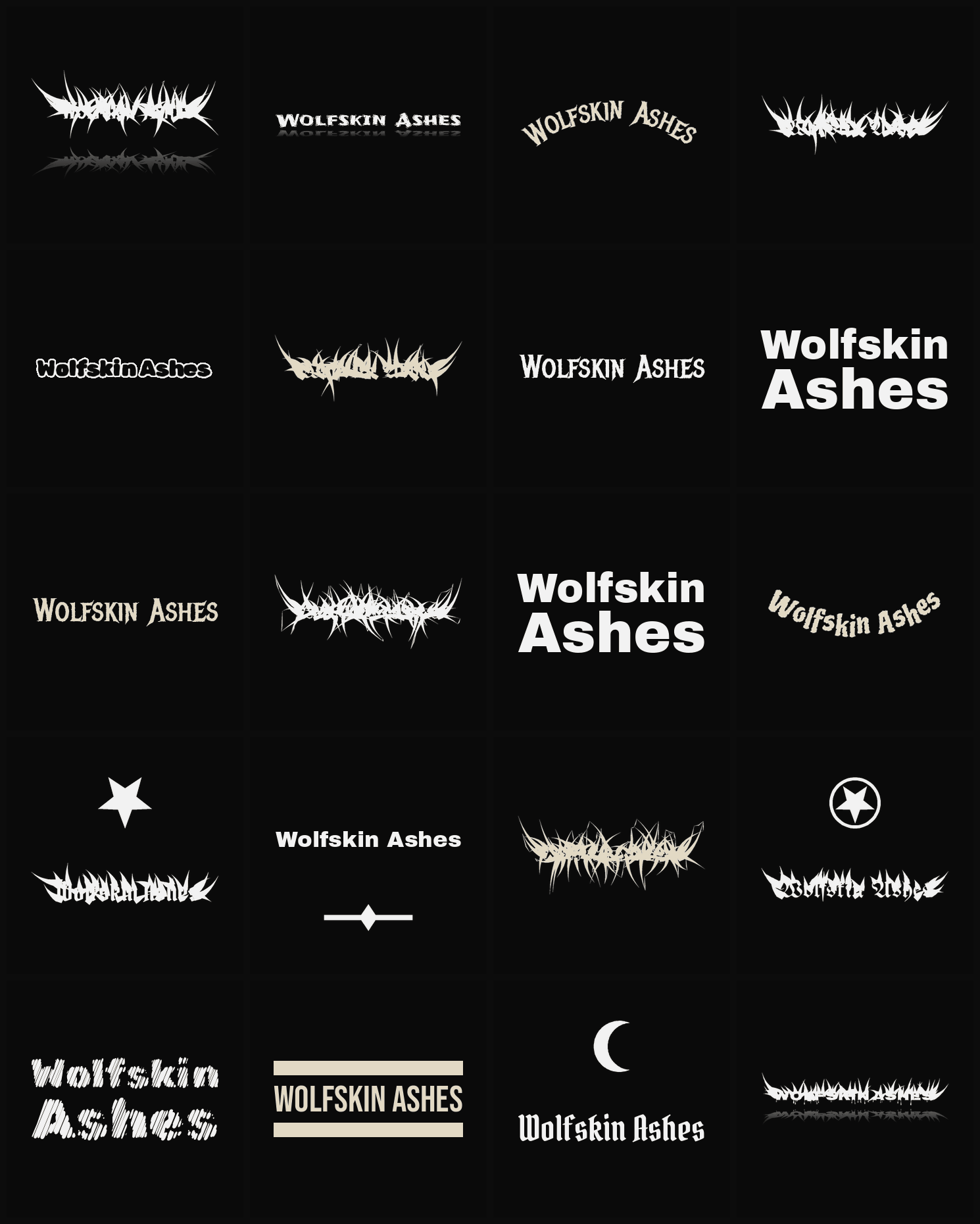 Twenty Wolfskin Ashes band logo ideas — different faces, treatments and spike settings
