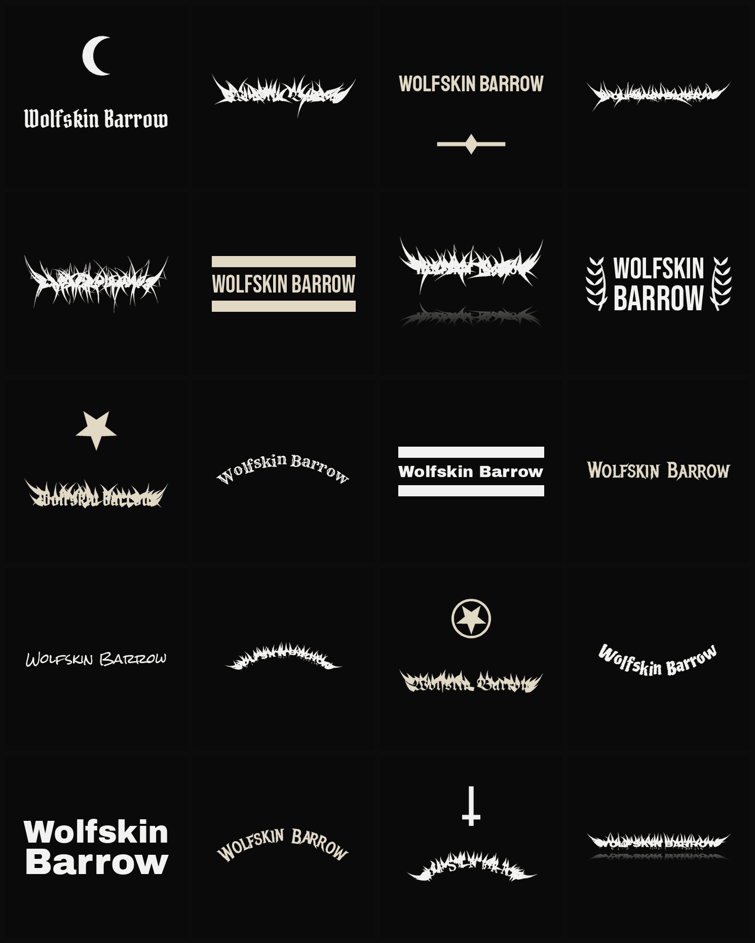 Twenty Wolfskin Barrow band logo ideas — different faces, treatments and spike settings
