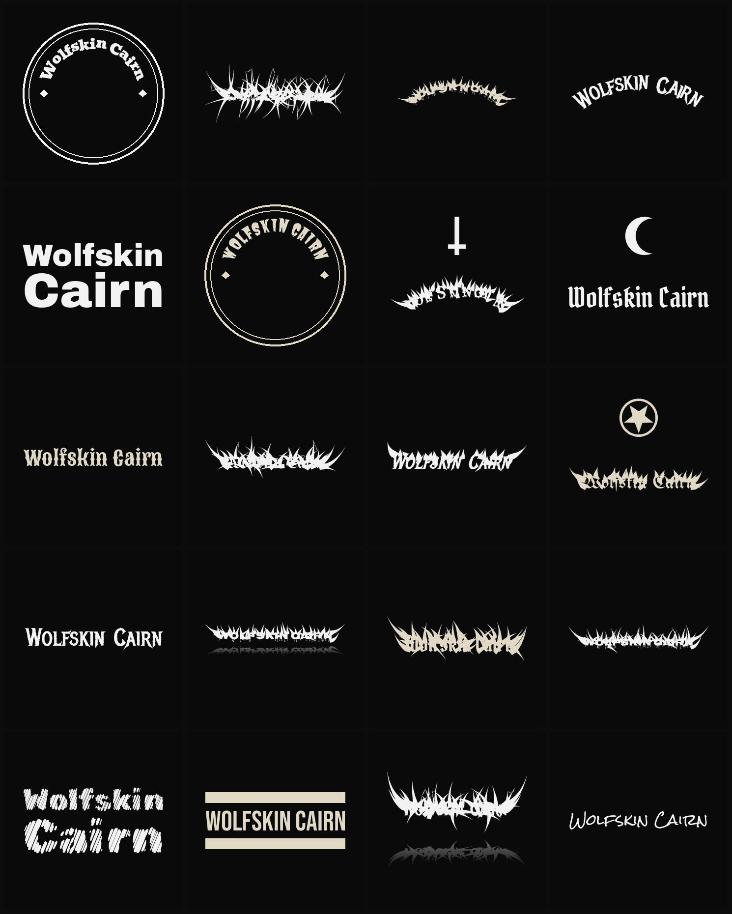 Twenty Wolfskin Cairn band logo ideas — different faces, treatments and spike settings