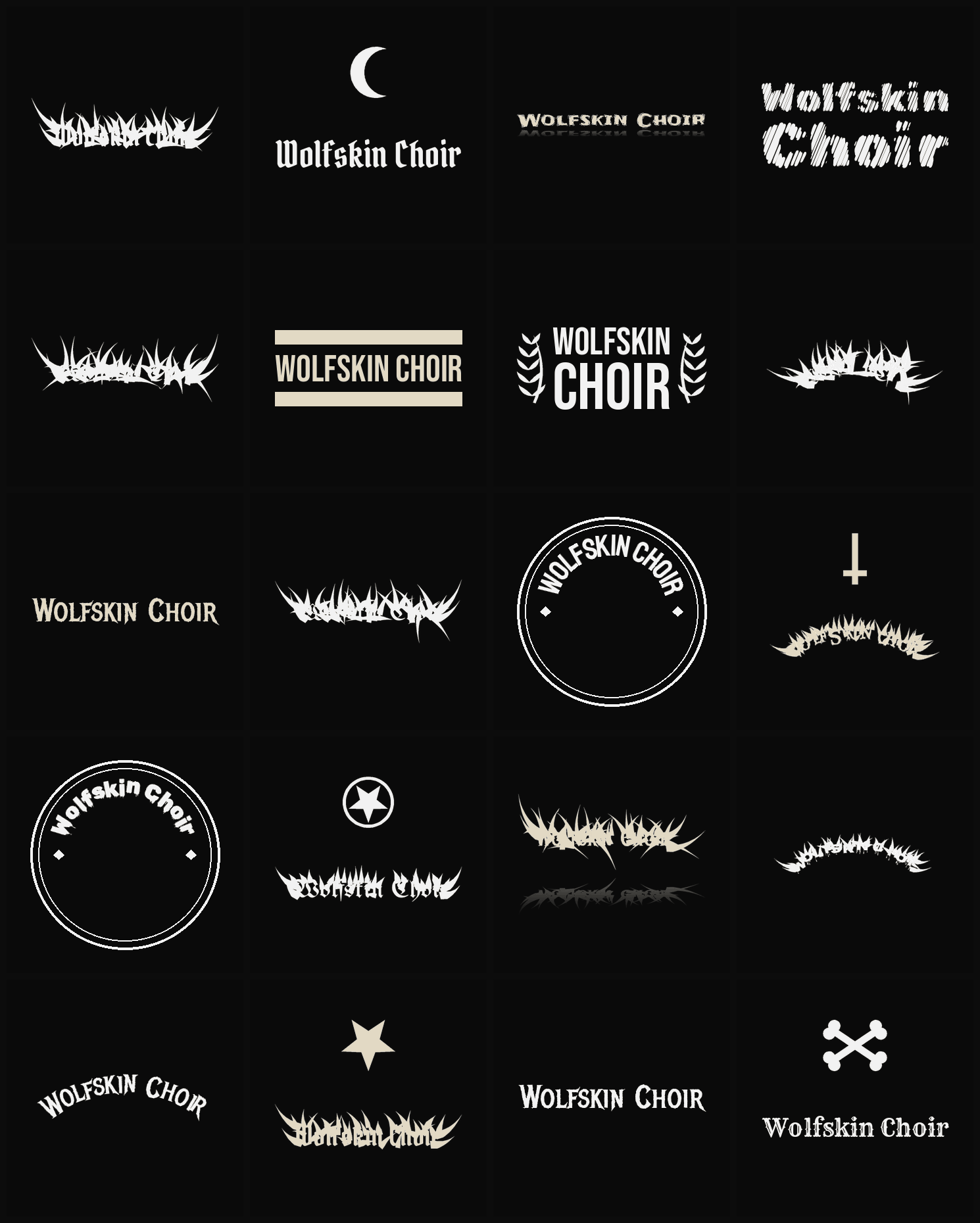 Twenty Wolfskin Choir band logo ideas — different faces, treatments and spike settings