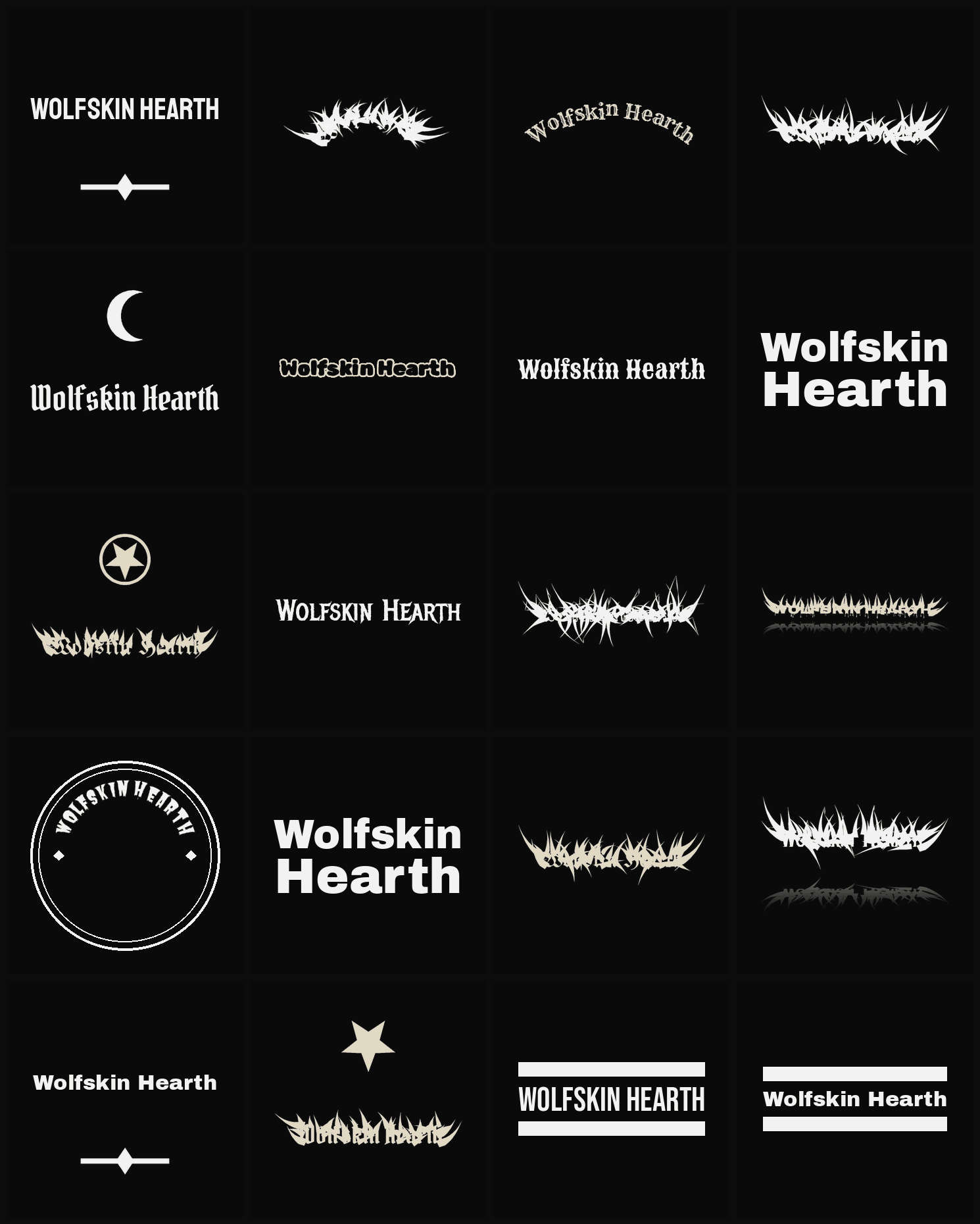 Twenty Wolfskin Hearth band logo ideas — different faces, treatments and spike settings