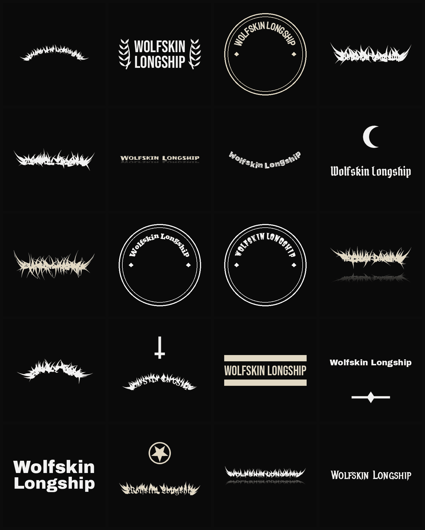Twenty Wolfskin Longship band logo ideas — different faces, treatments and spike settings