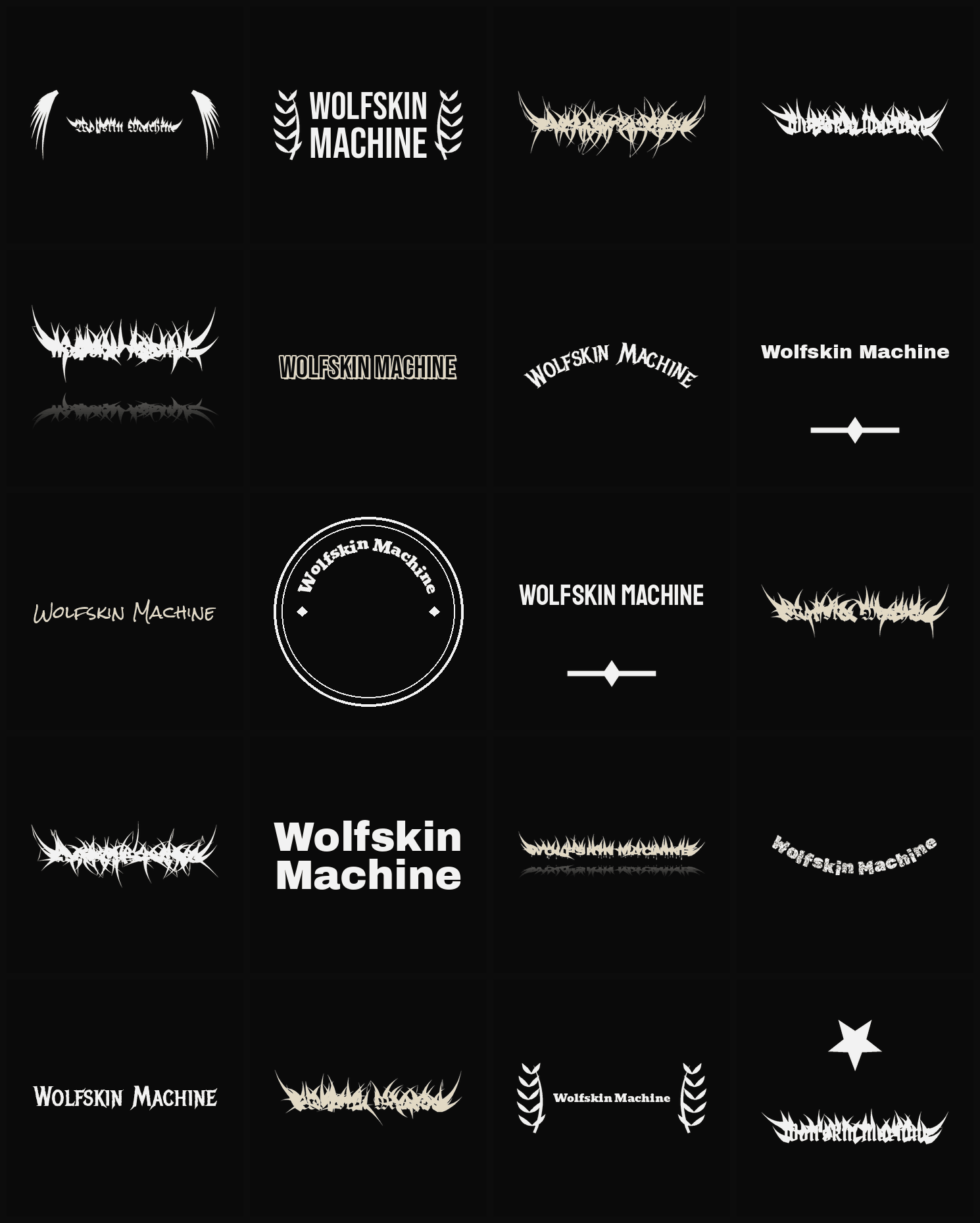 Twenty Wolfskin Machine band logo ideas — different faces, treatments and spike settings