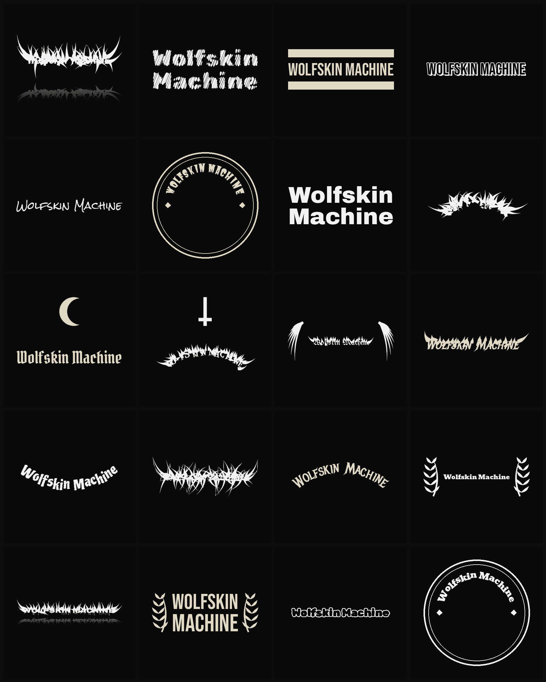 Twenty Wolfskin Machine band logo ideas — different faces, treatments and spike settings