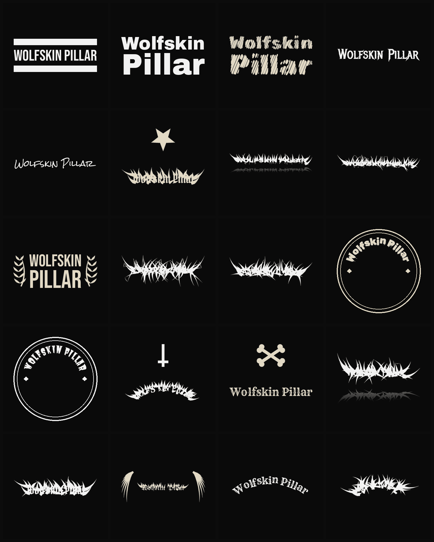 Twenty Wolfskin Pillar band logo ideas — different faces, treatments and spike settings