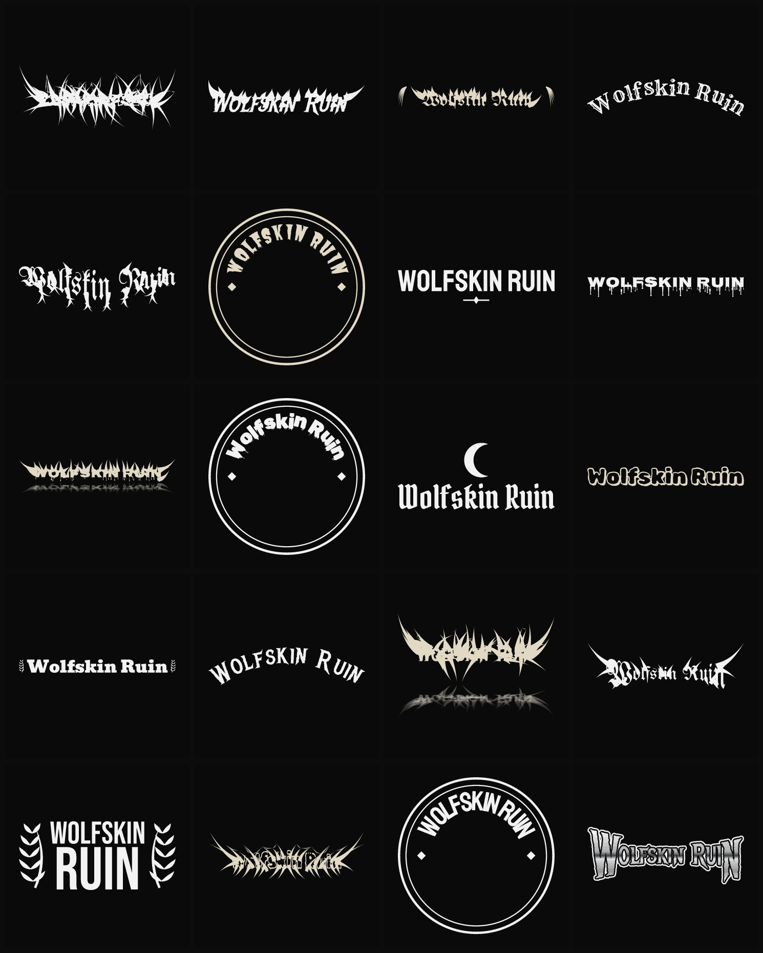 Twenty Wolfskin Ruin band logo ideas — different faces, treatments and spike settings