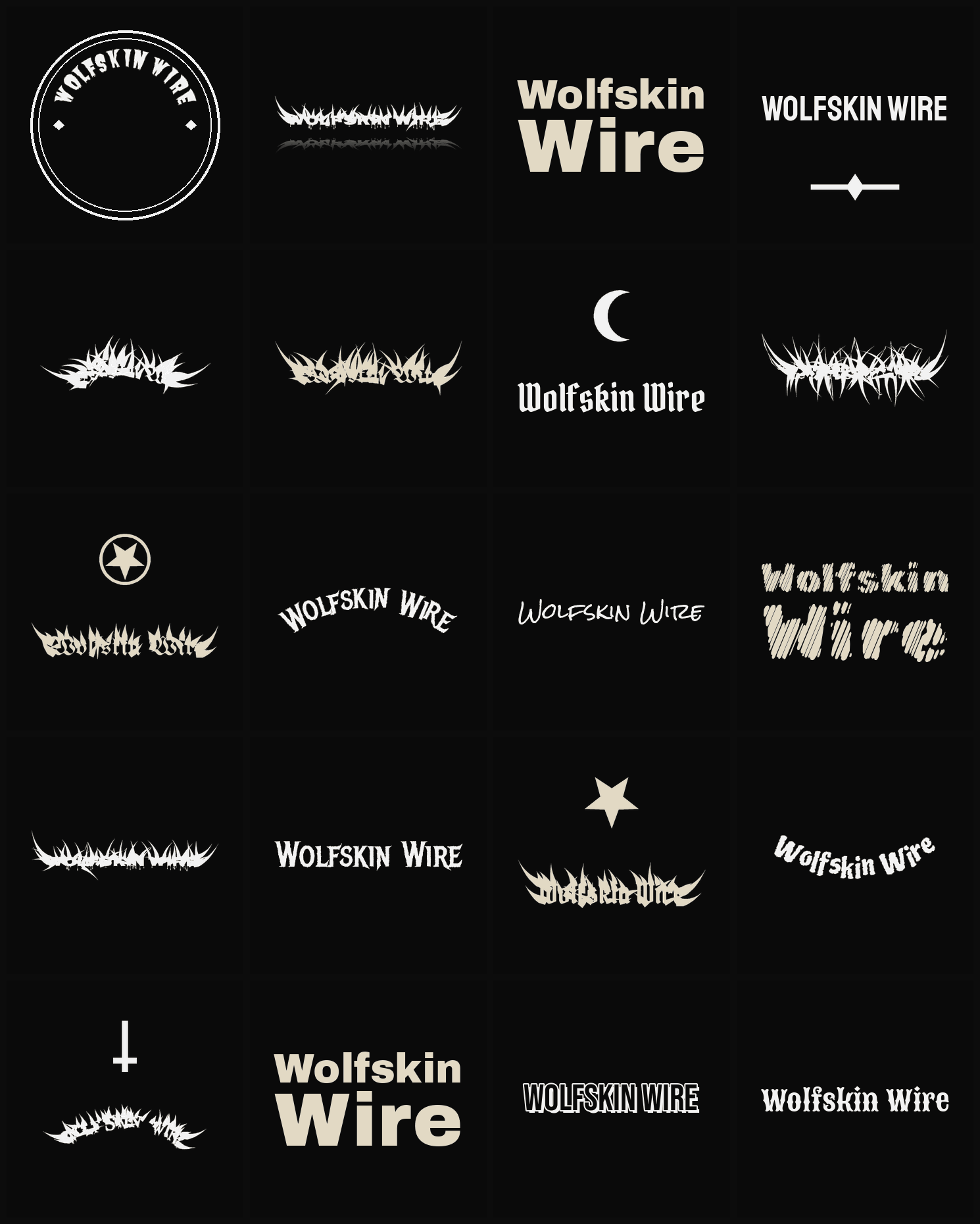 Twenty Wolfskin Wire band logo ideas — different faces, treatments and spike settings
