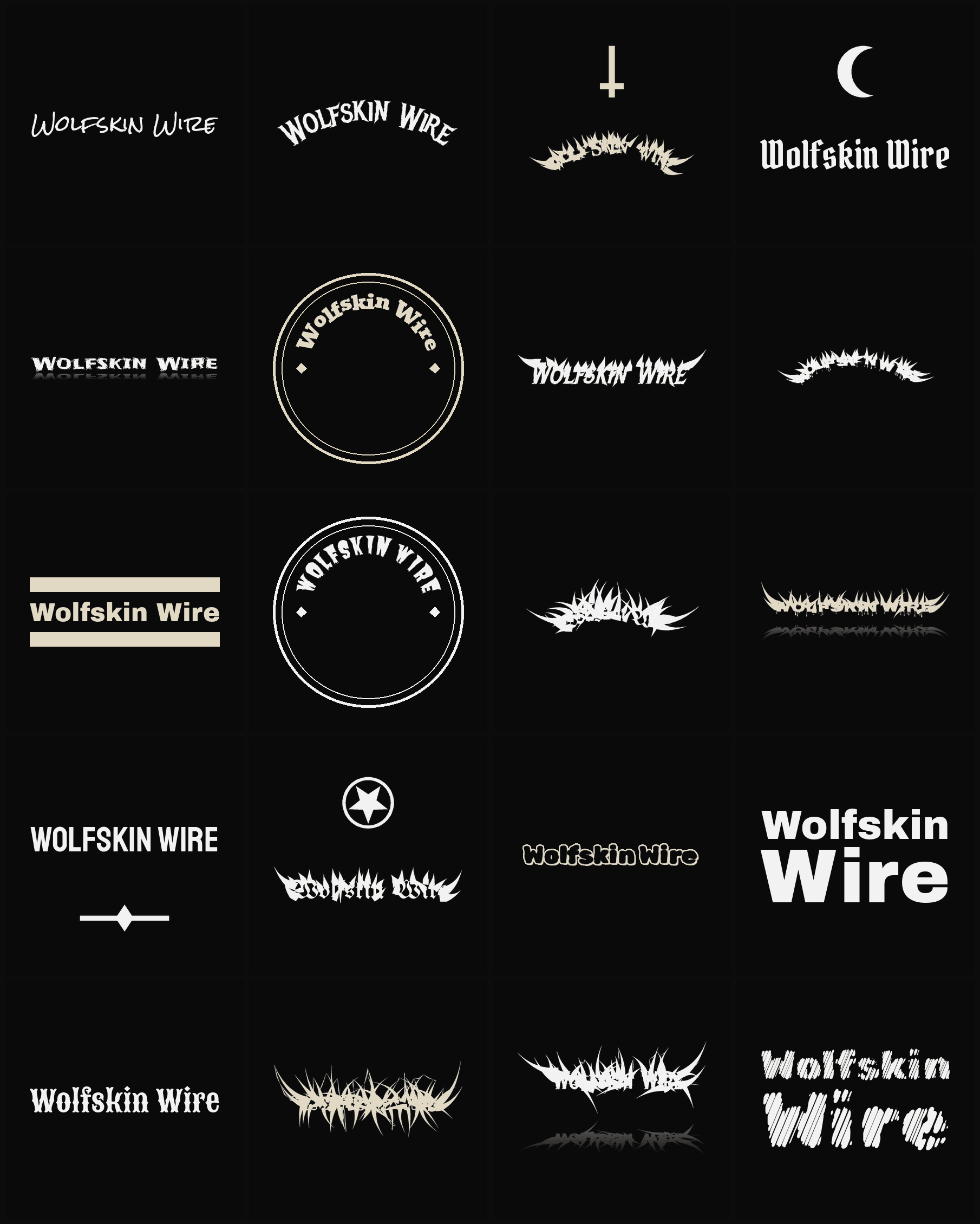 Twenty Wolfskin Wire band logo ideas — different faces, treatments and spike settings