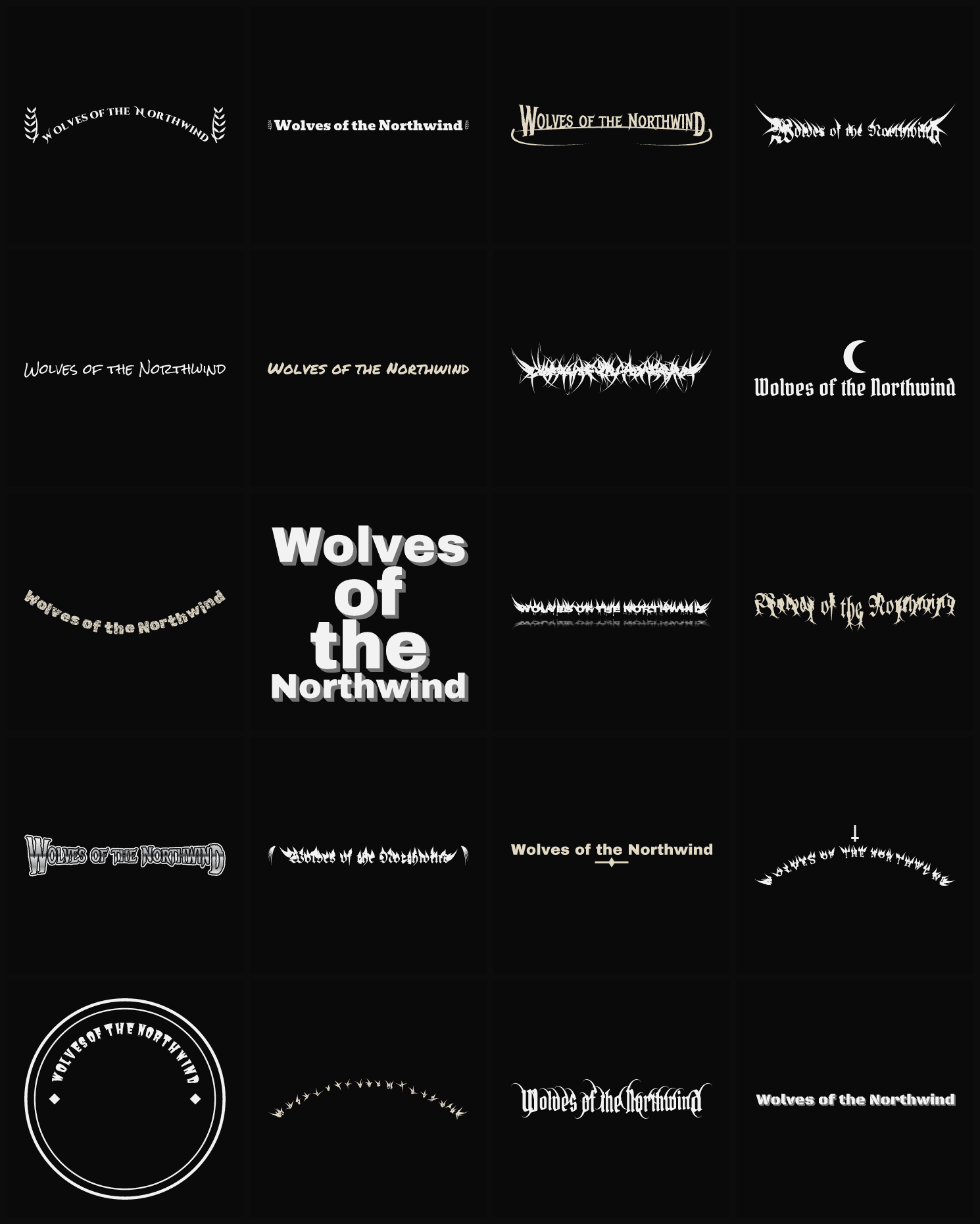 Twenty Wolves of the Northwind band logo ideas — different faces, treatments and spike settings