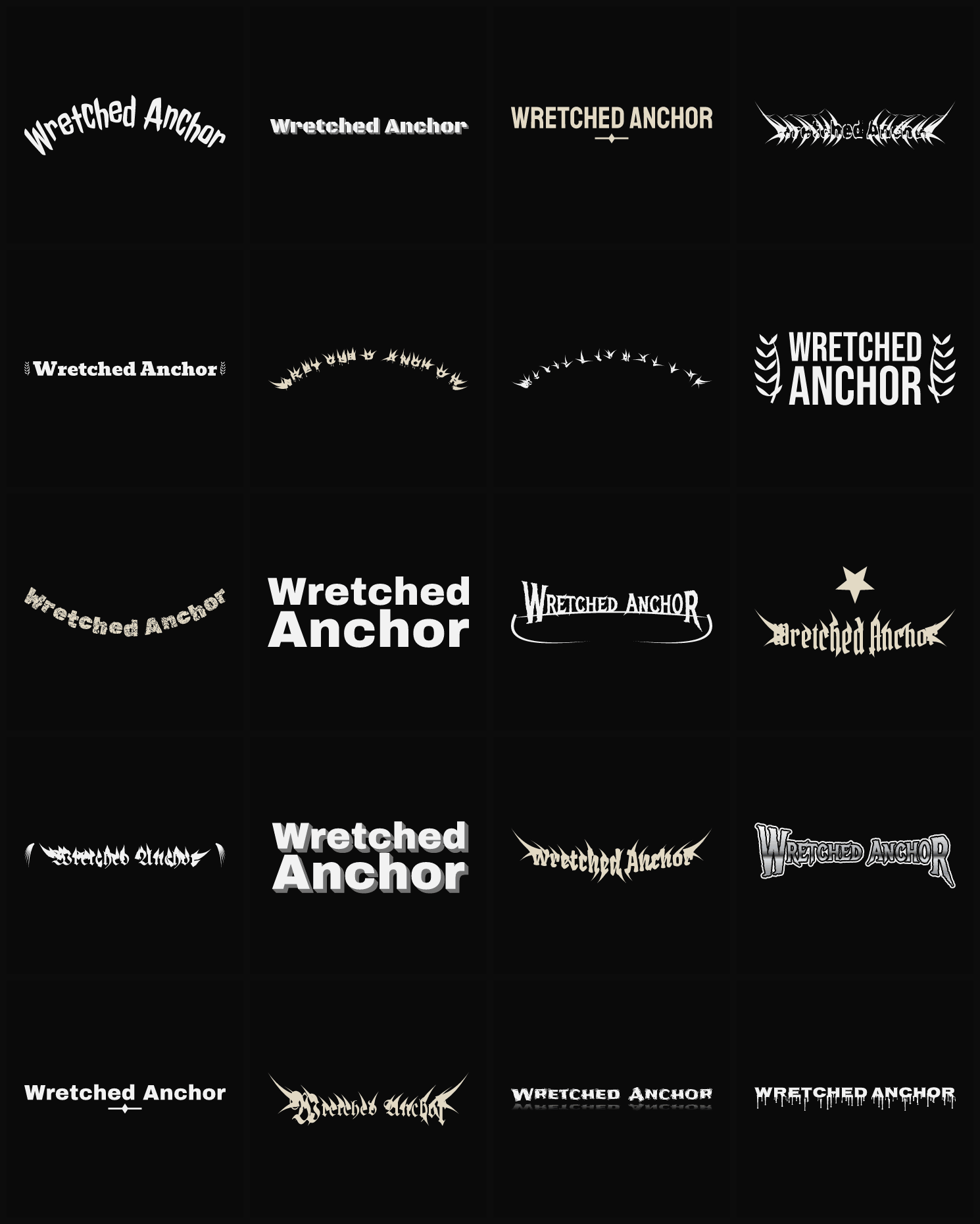Twenty Wretched Anchor band logo ideas — different faces, treatments and spike settings