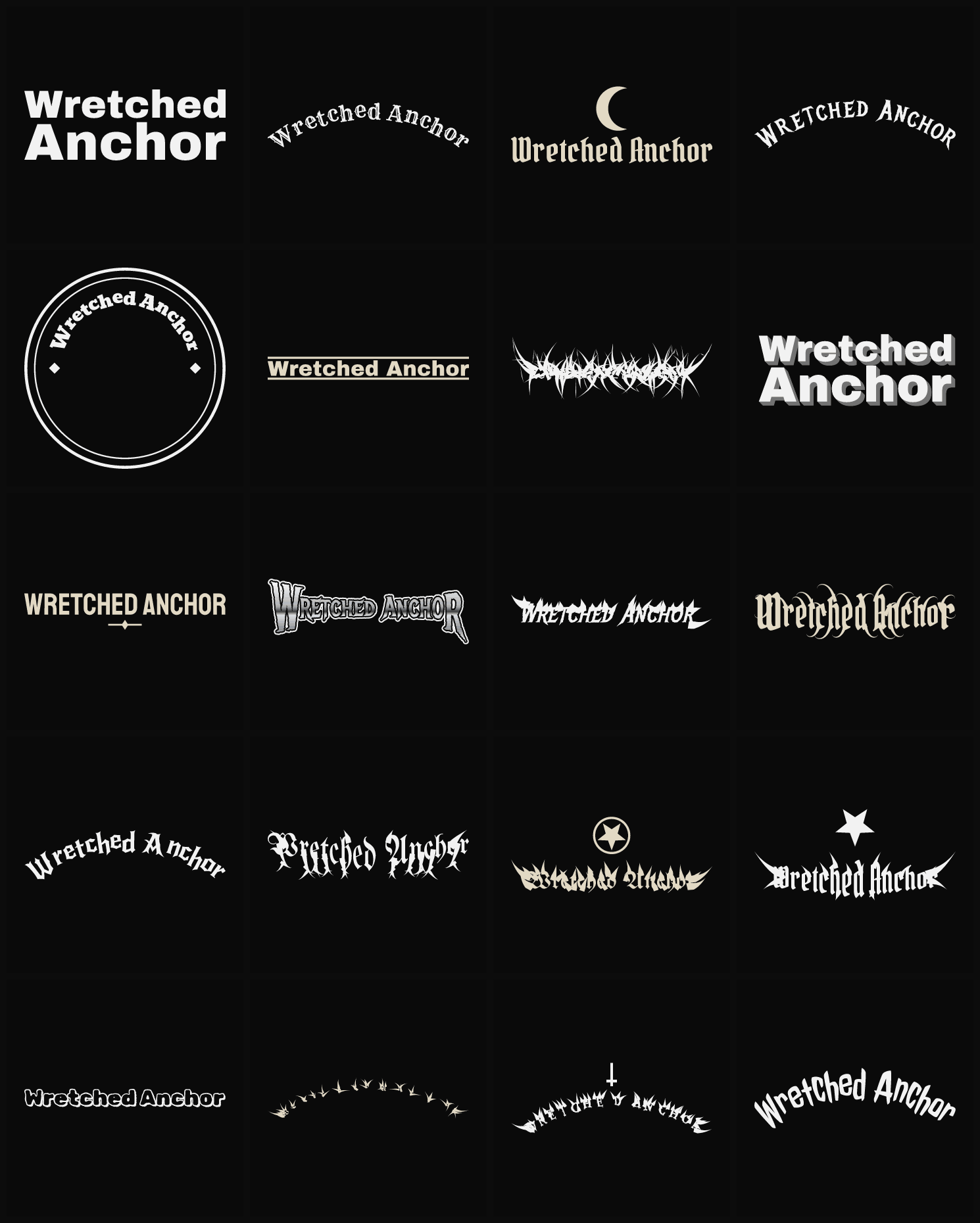 Twenty Wretched Anchor band logo ideas — different faces, treatments and spike settings
