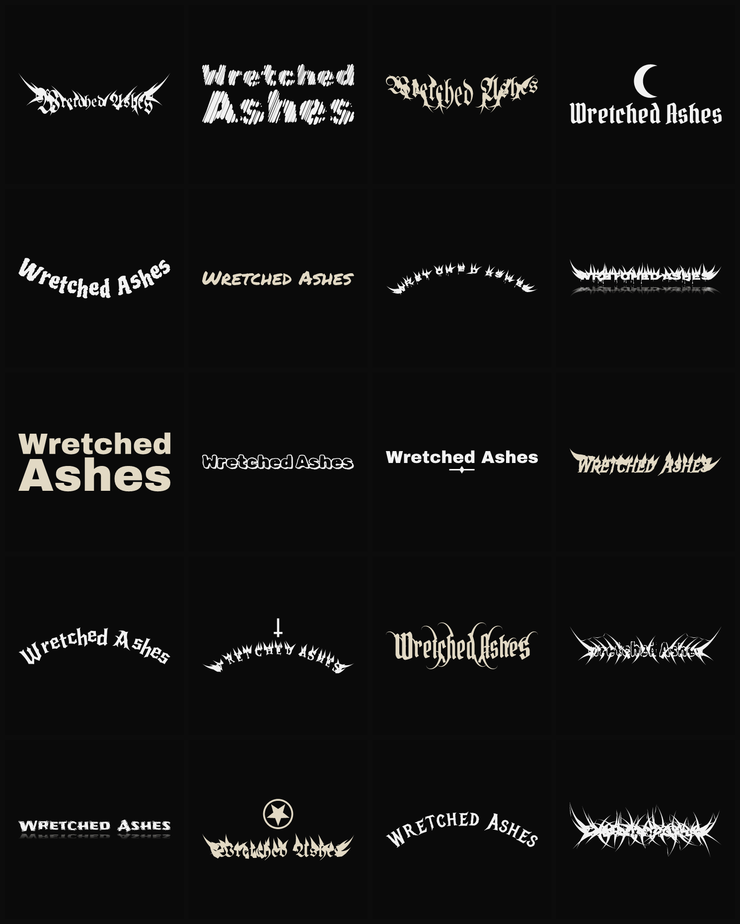 Twenty Wretched Ashes band logo ideas — different faces, treatments and spike settings