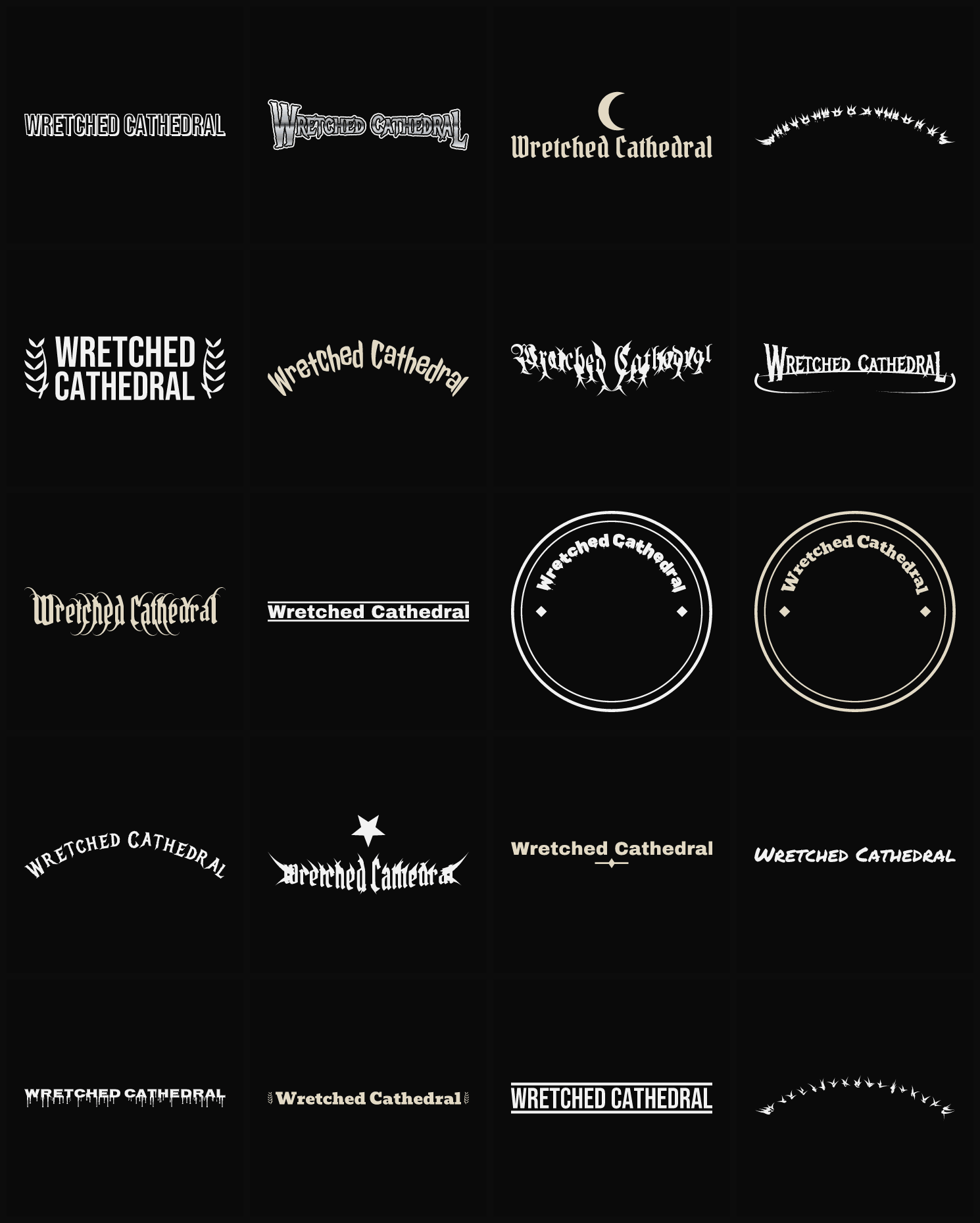 Twenty Wretched Cathedral band logo ideas — different faces, treatments and spike settings
