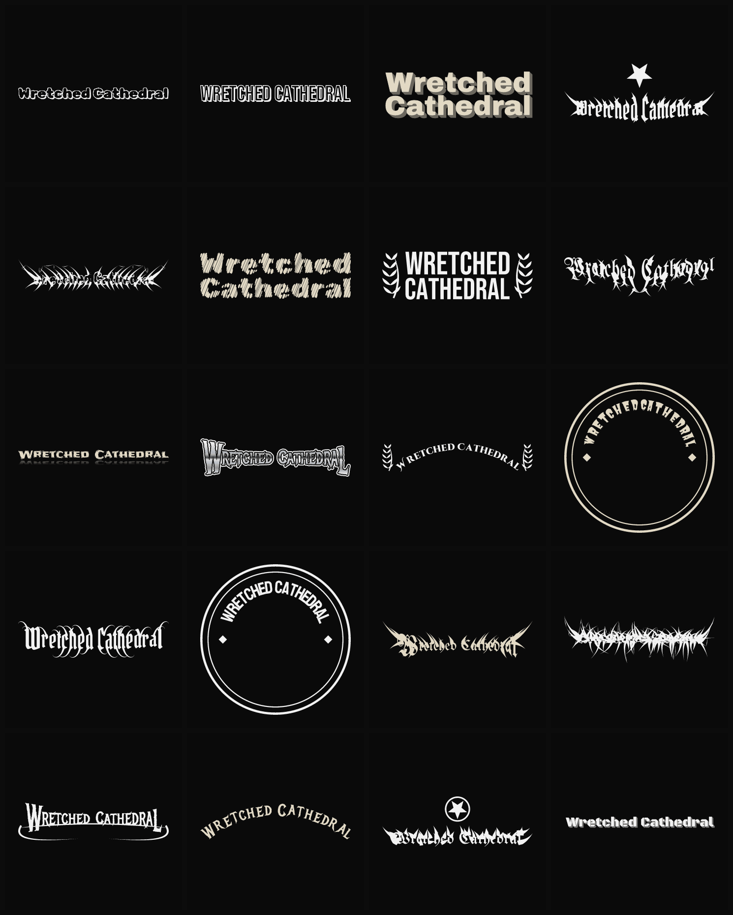 Twenty Wretched Cathedral band logo ideas — different faces, treatments and spike settings