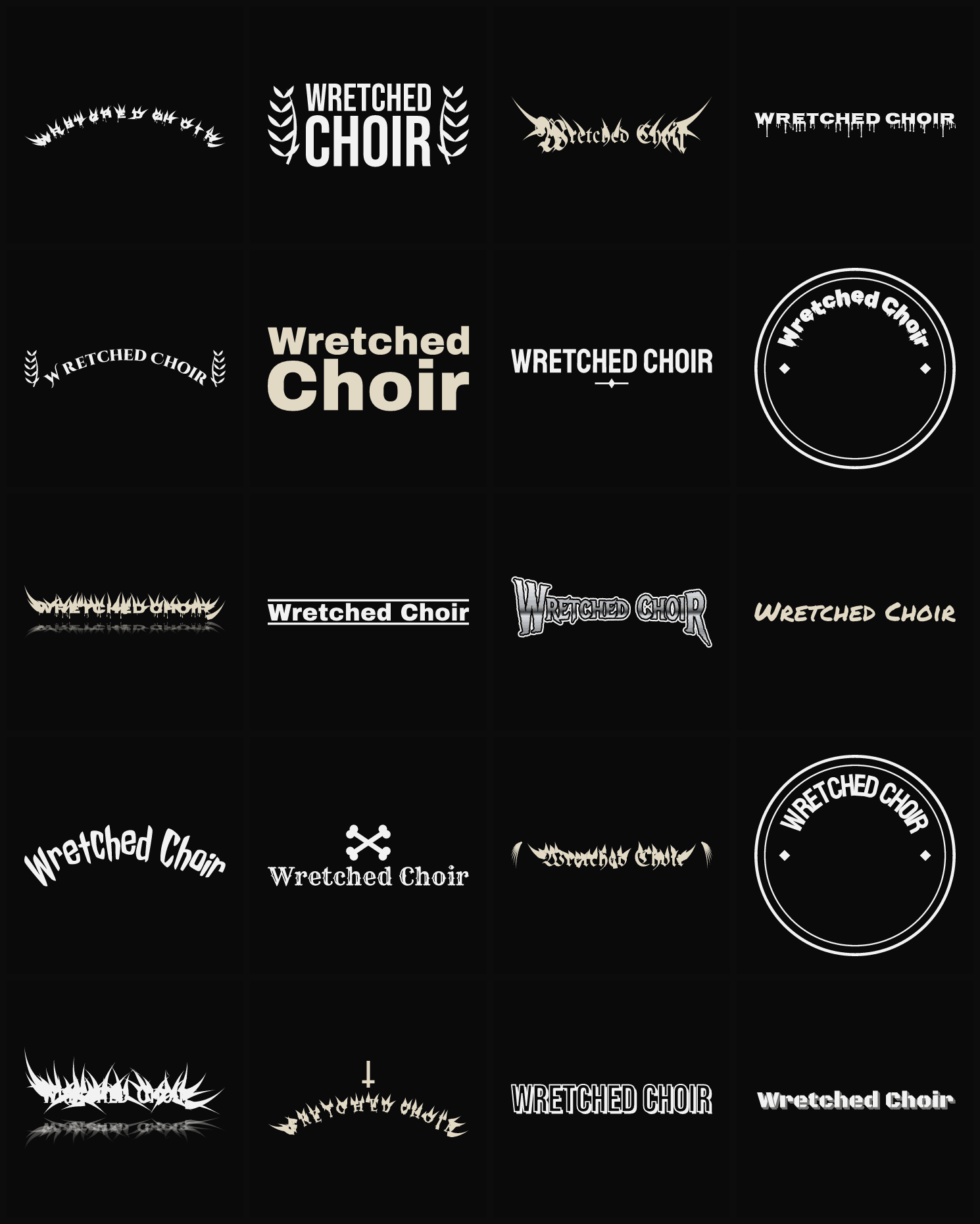 Twenty Wretched Choir band logo ideas — different faces, treatments and spike settings
