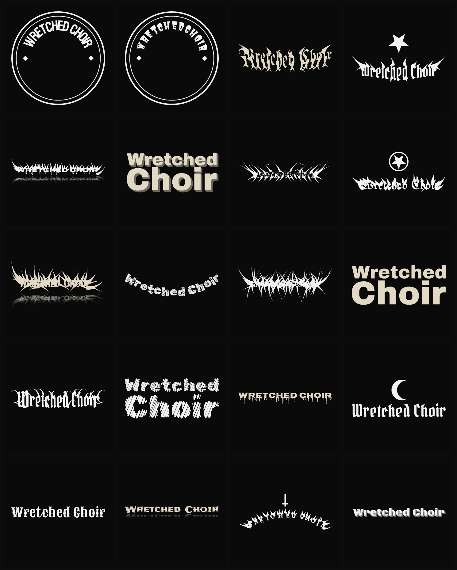 Twenty Wretched Choir band logo ideas — different faces, treatments and spike settings