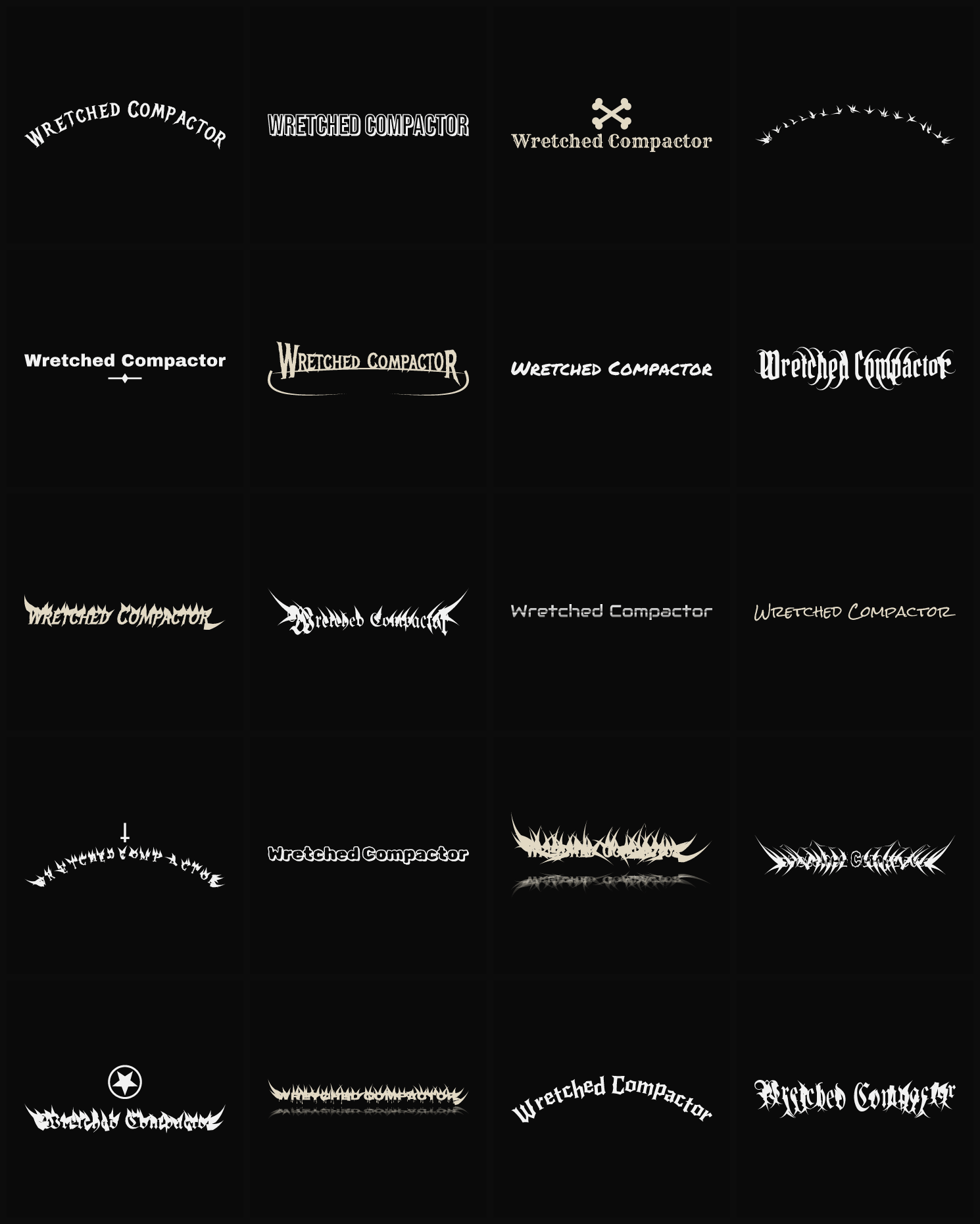 Twenty Wretched Compactor band logo ideas — different faces, treatments and spike settings