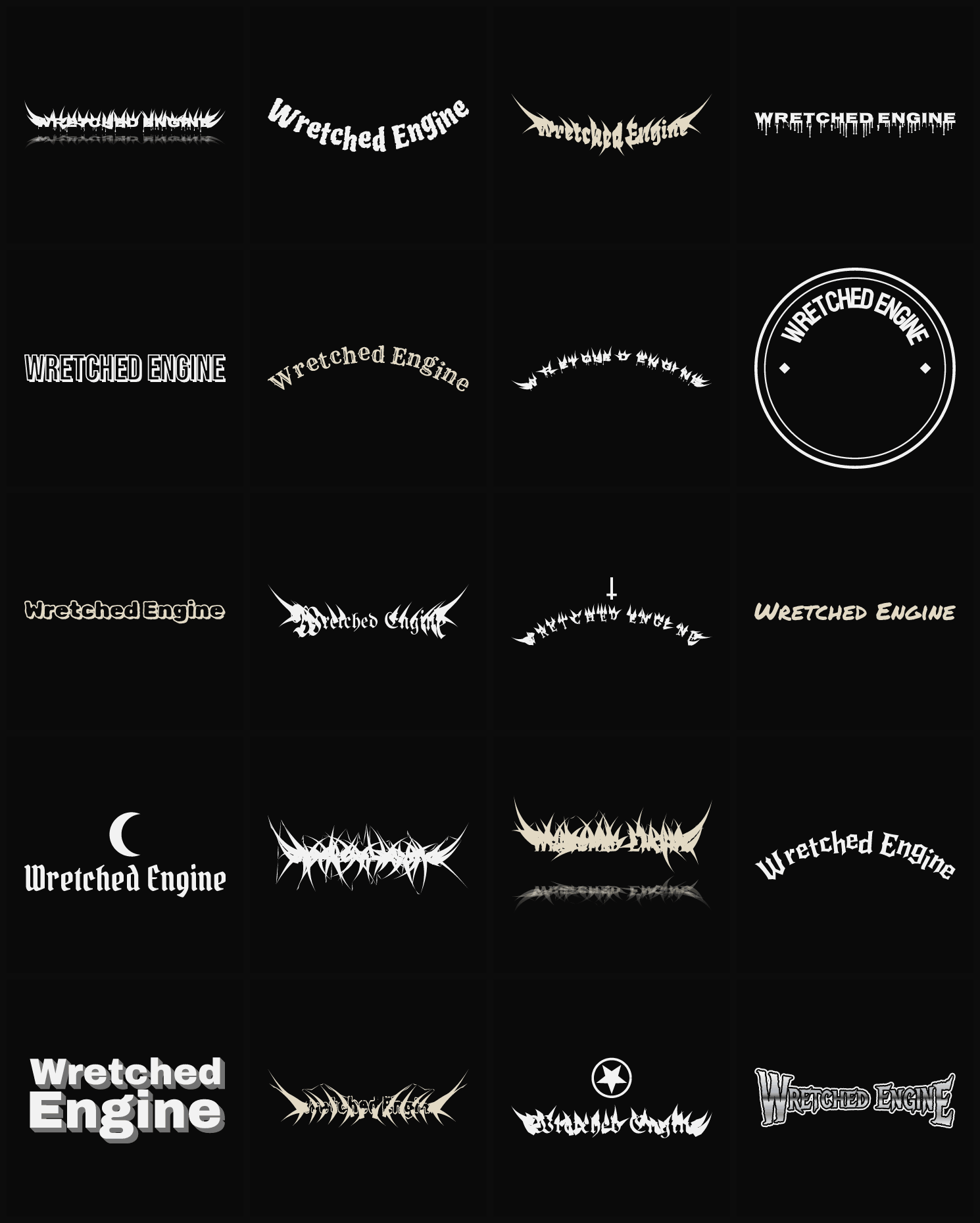 Twenty Wretched Engine band logo ideas — different faces, treatments and spike settings