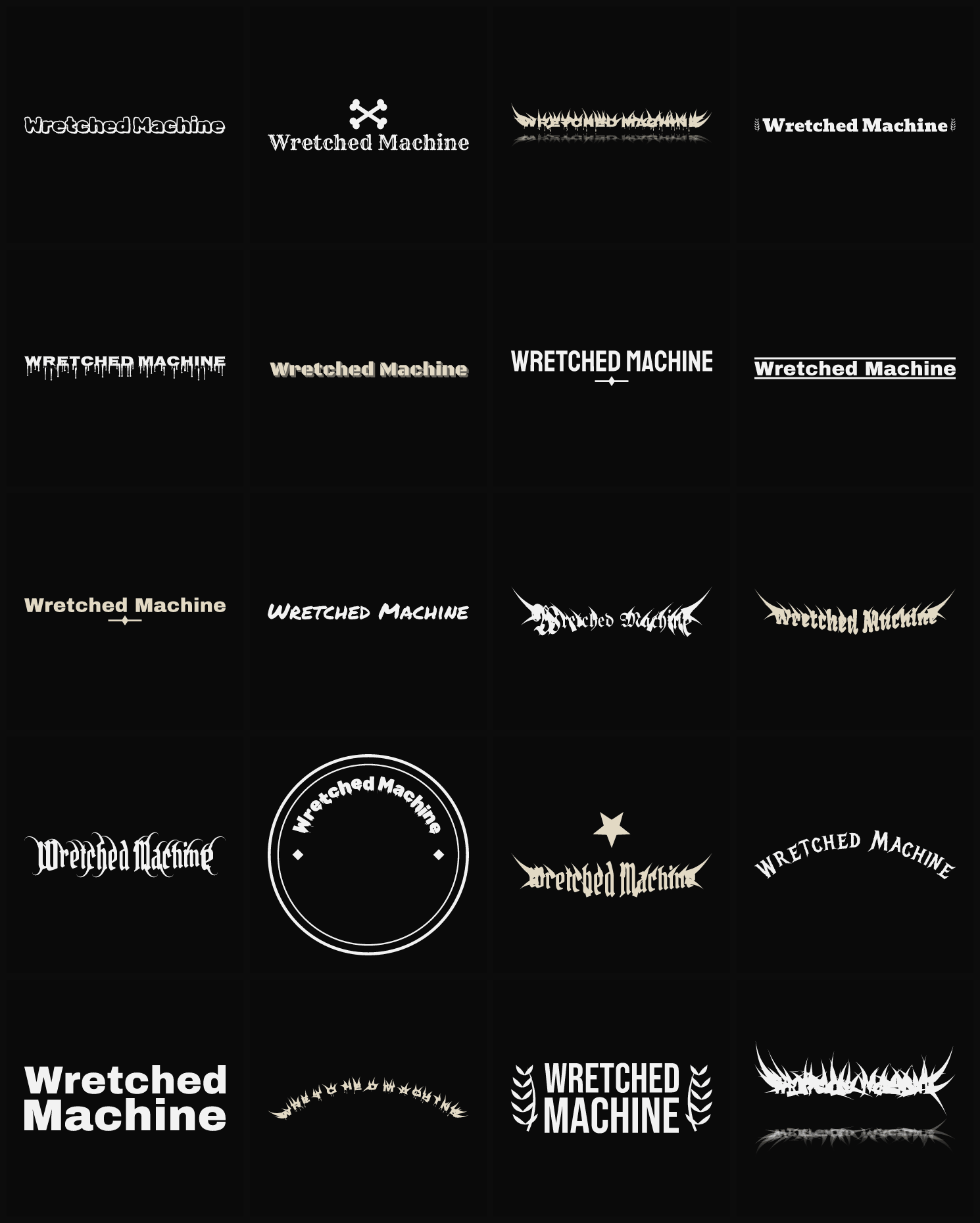 Twenty Wretched Machine band logo ideas — different faces, treatments and spike settings