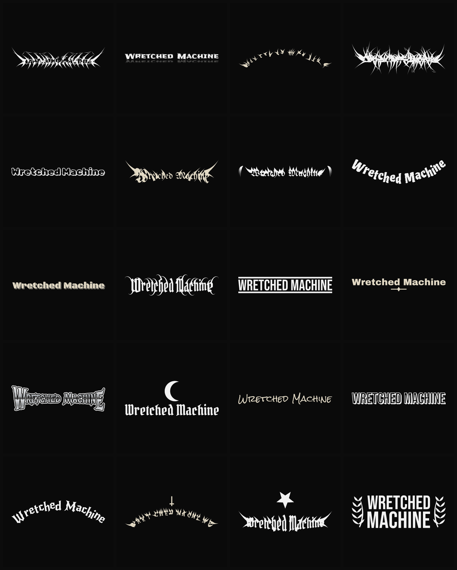 Twenty Wretched Machine band logo ideas — different faces, treatments and spike settings