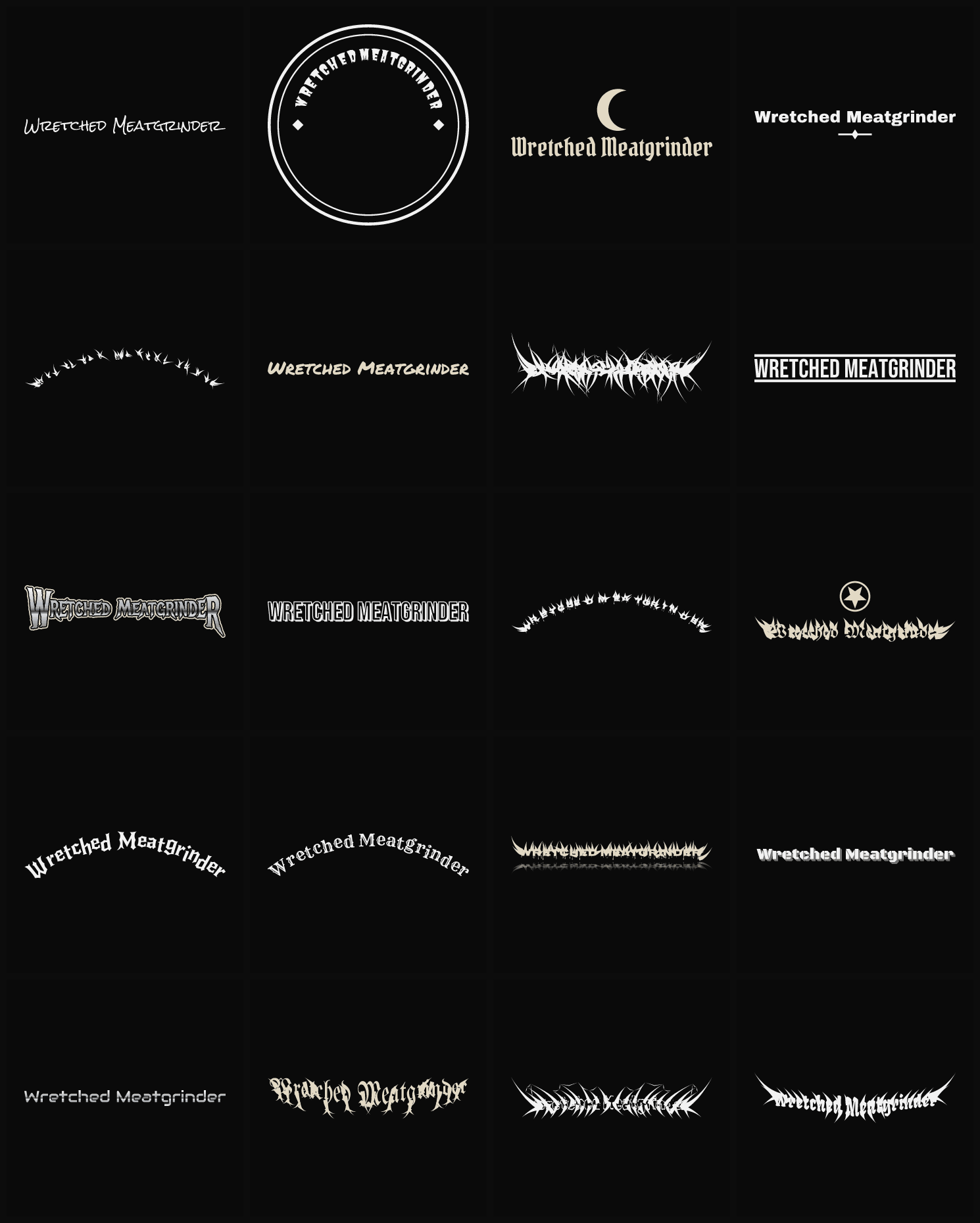Twenty Wretched Meatgrinder band logo ideas — different faces, treatments and spike settings
