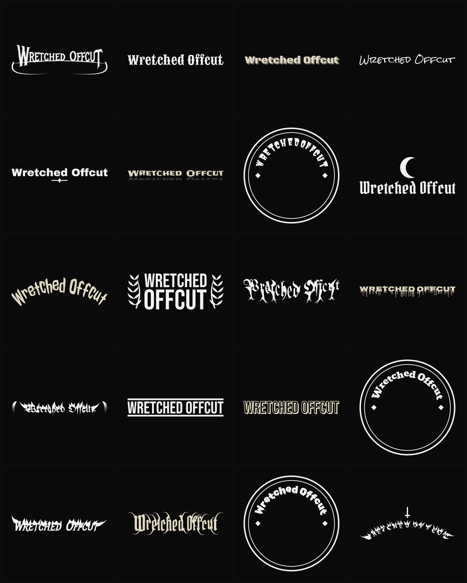 Twenty Wretched Offcut band logo ideas — different faces, treatments and spike settings