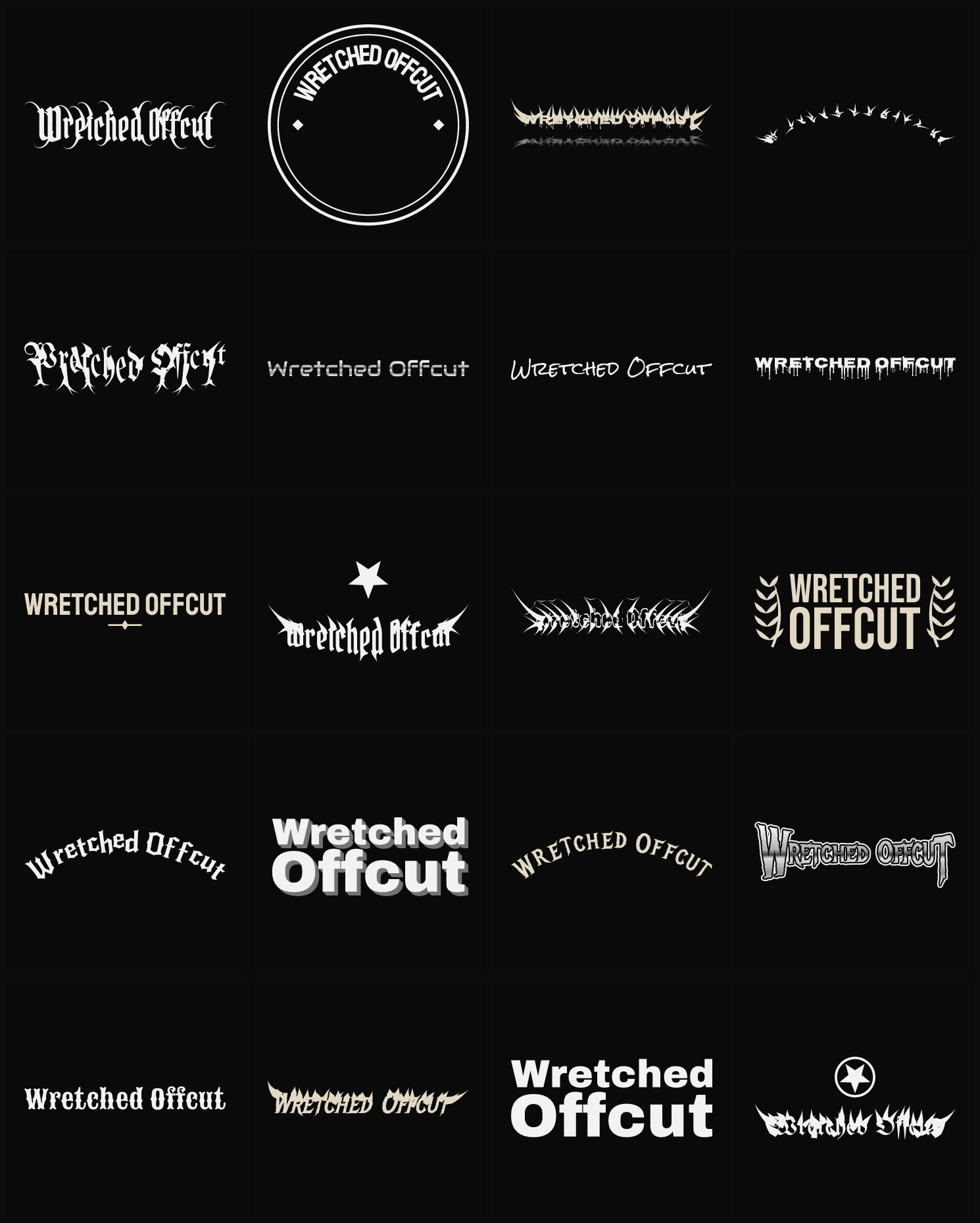 Twenty Wretched Offcut band logo ideas — different faces, treatments and spike settings