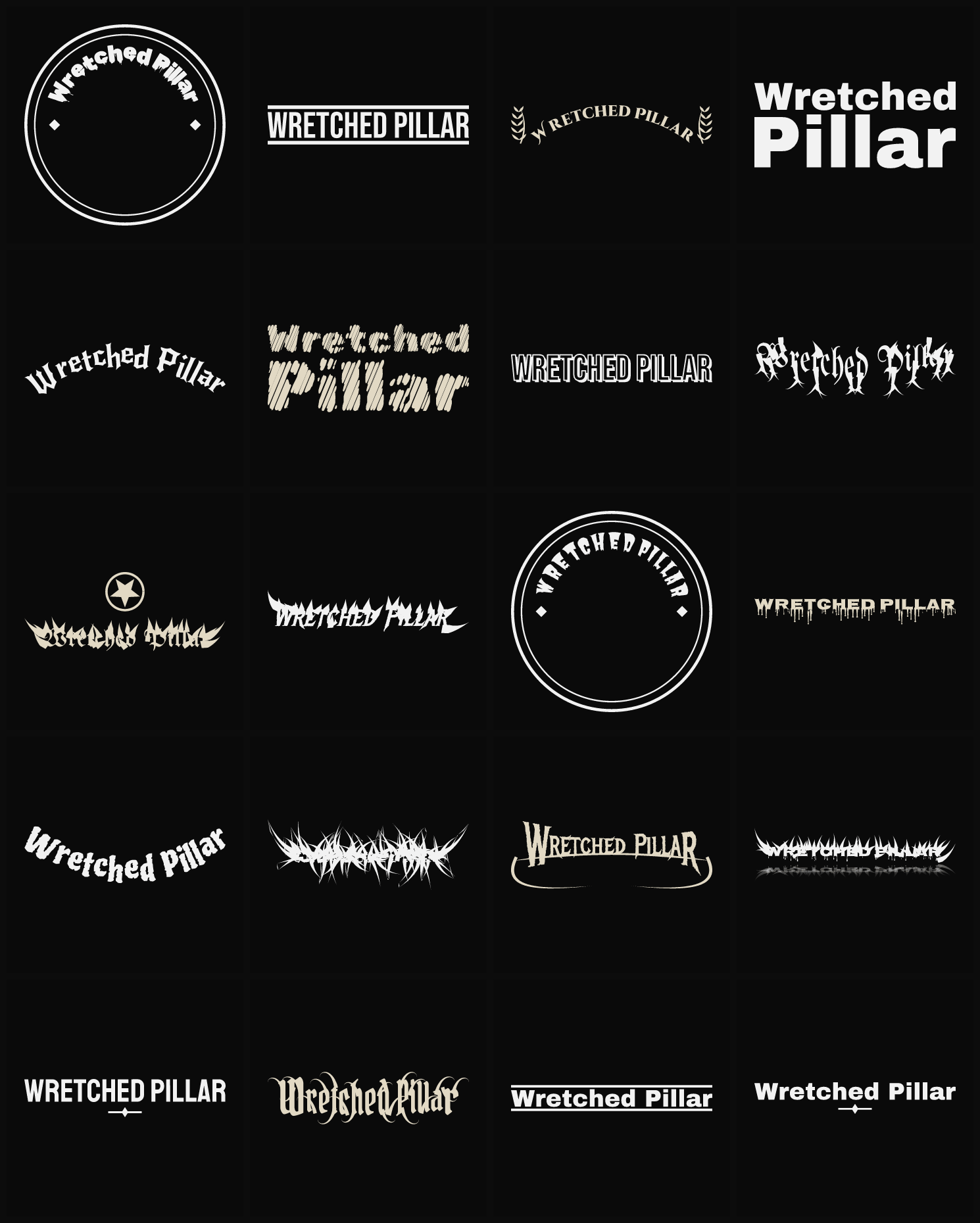 Twenty Wretched Pillar band logo ideas — different faces, treatments and spike settings