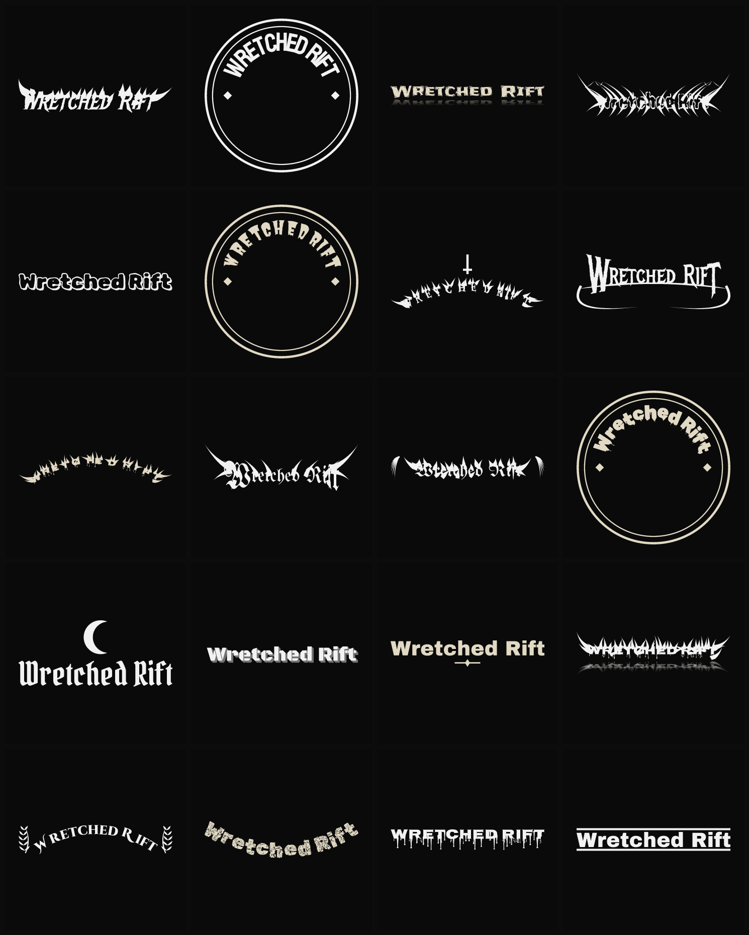 Twenty Wretched Rift band logo ideas — different faces, treatments and spike settings