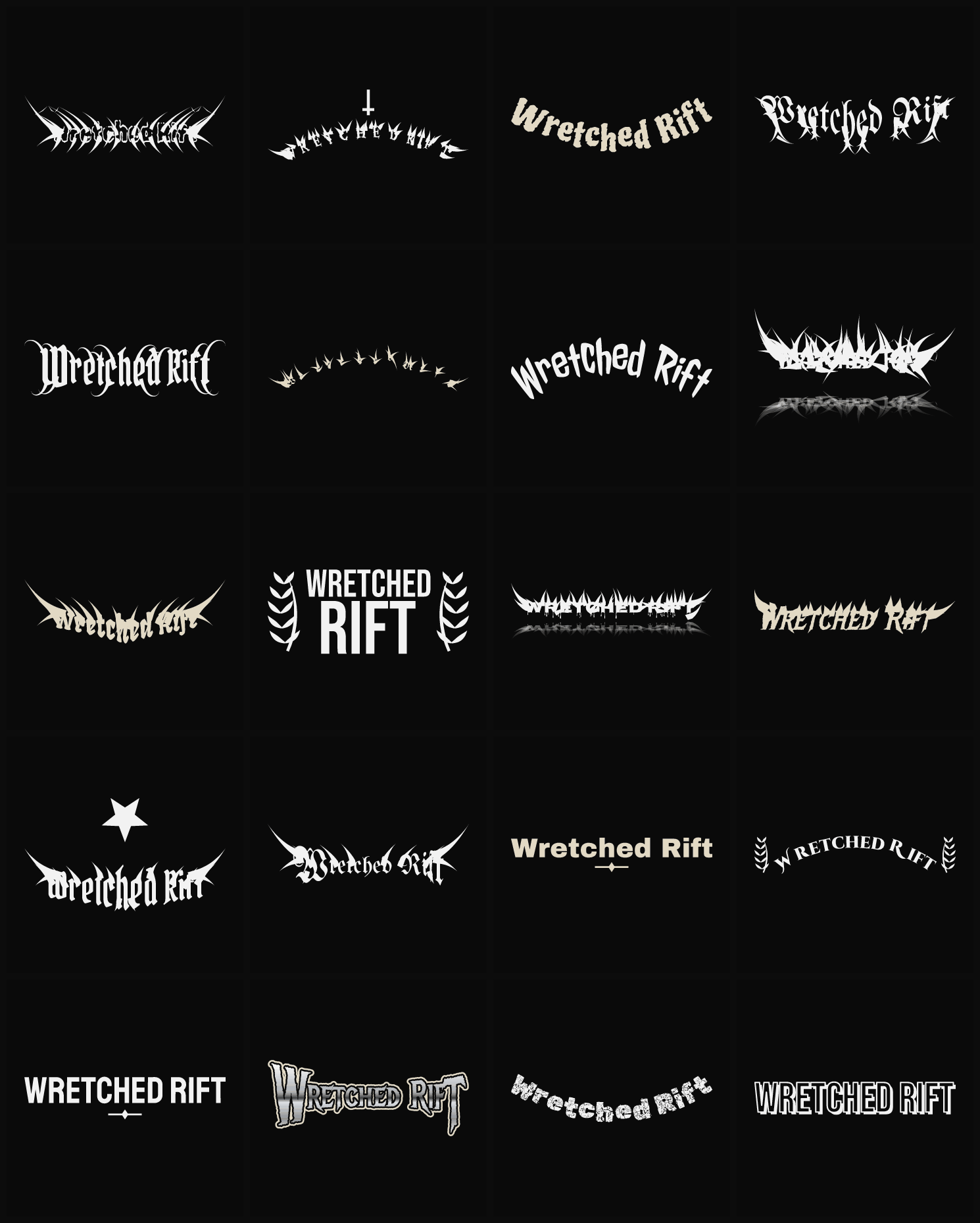 Twenty Wretched Rift band logo ideas — different faces, treatments and spike settings