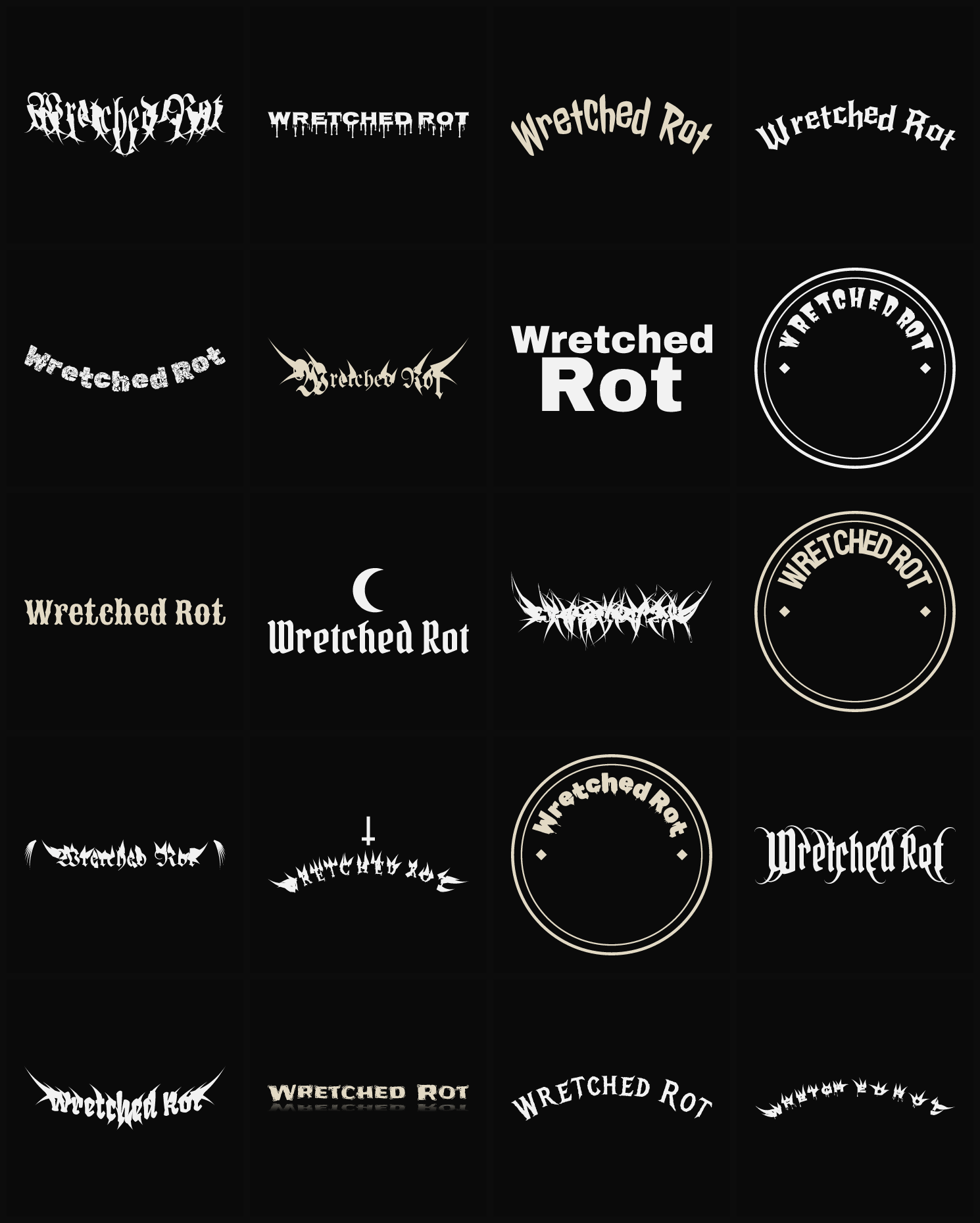 Twenty Wretched Rot band logo ideas — different faces, treatments and spike settings