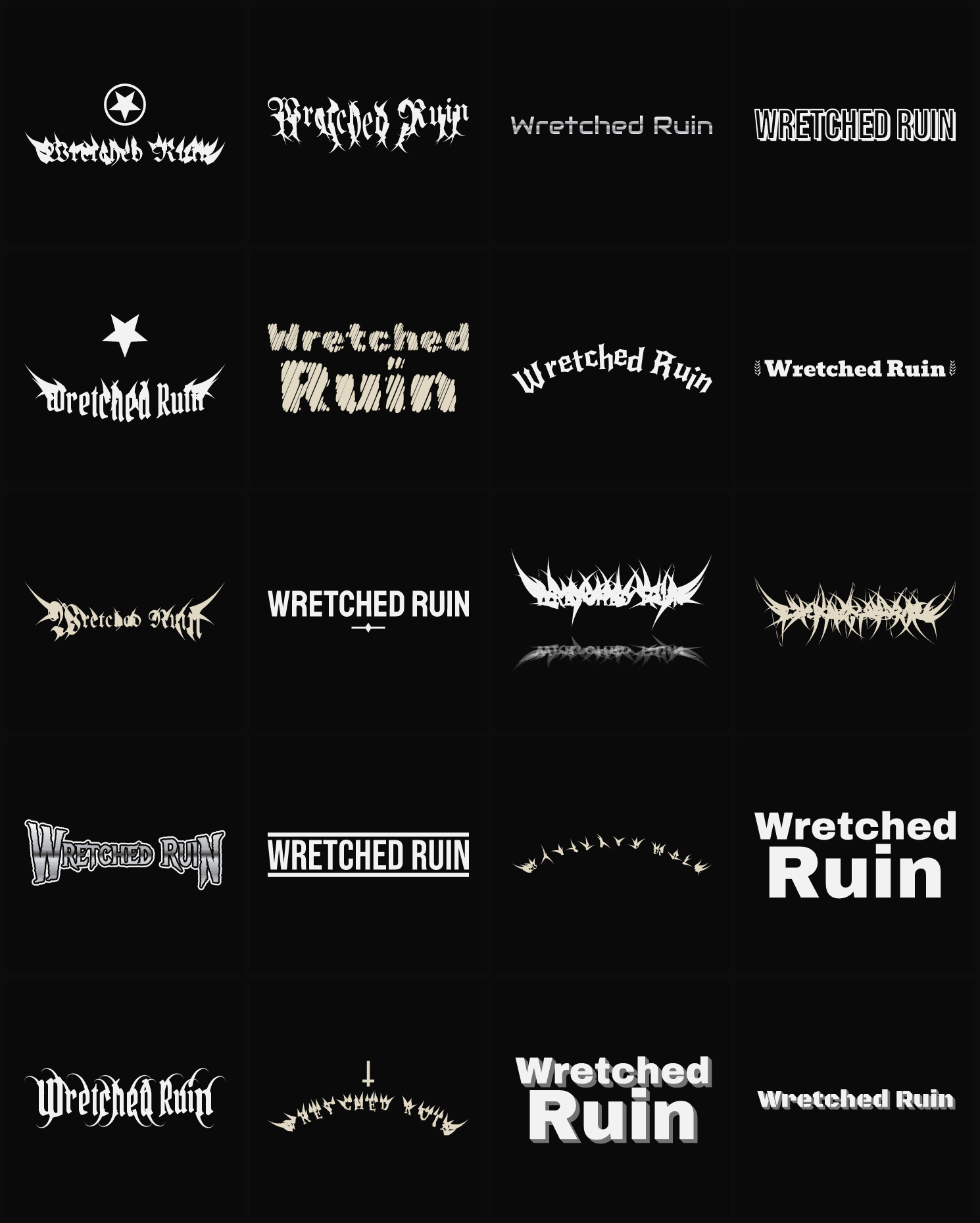 Twenty Wretched Ruin band logo ideas — different faces, treatments and spike settings