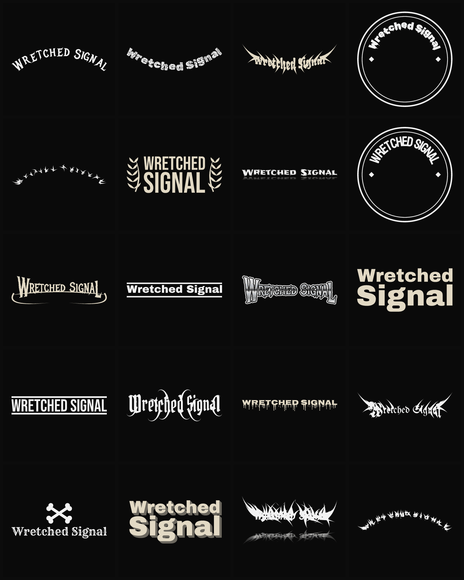 Twenty Wretched Signal band logo ideas — different faces, treatments and spike settings