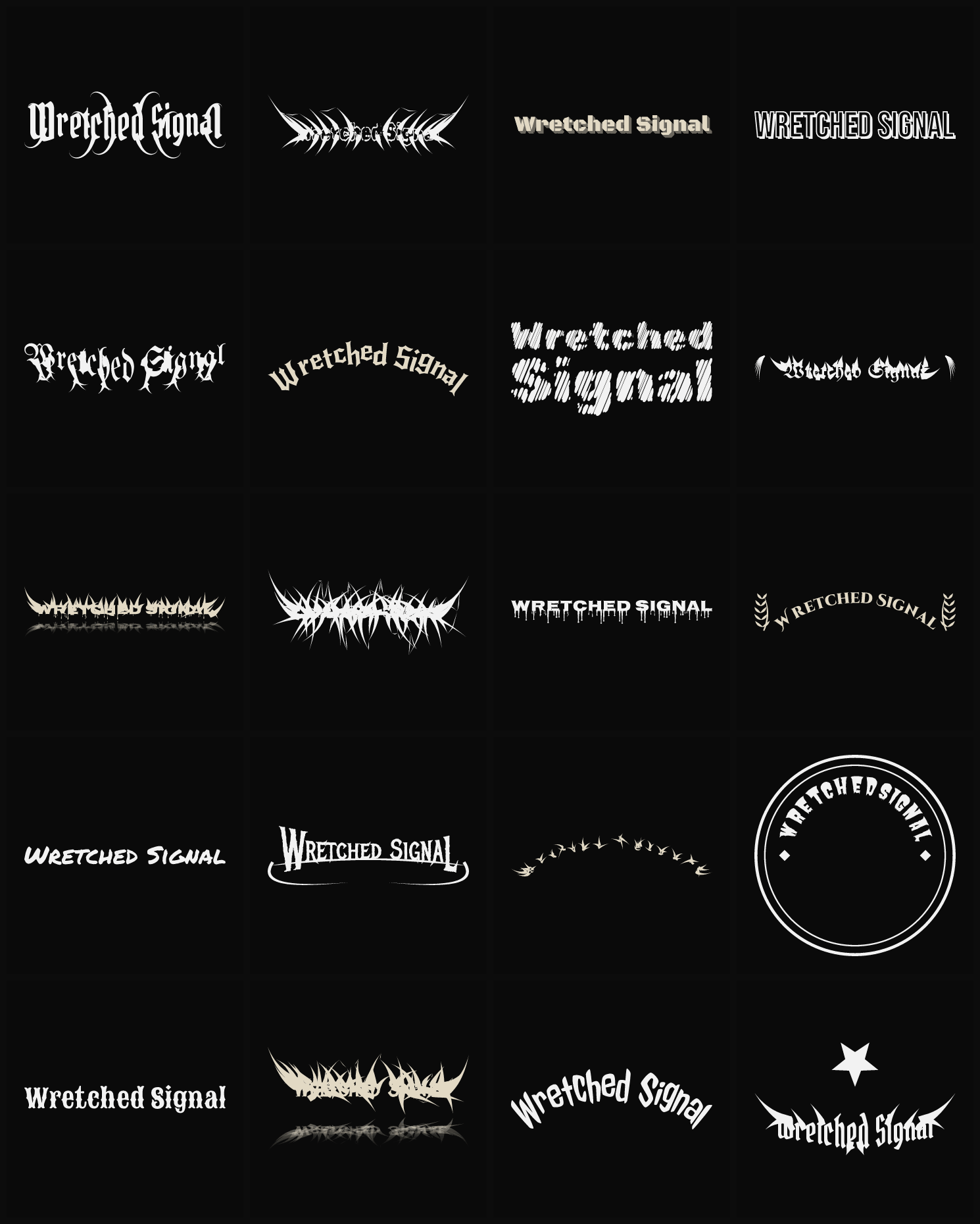 Twenty Wretched Signal band logo ideas — different faces, treatments and spike settings