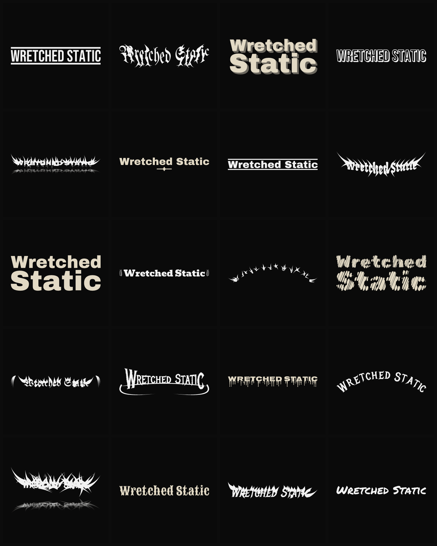 Twenty Wretched Static band logo ideas — different faces, treatments and spike settings