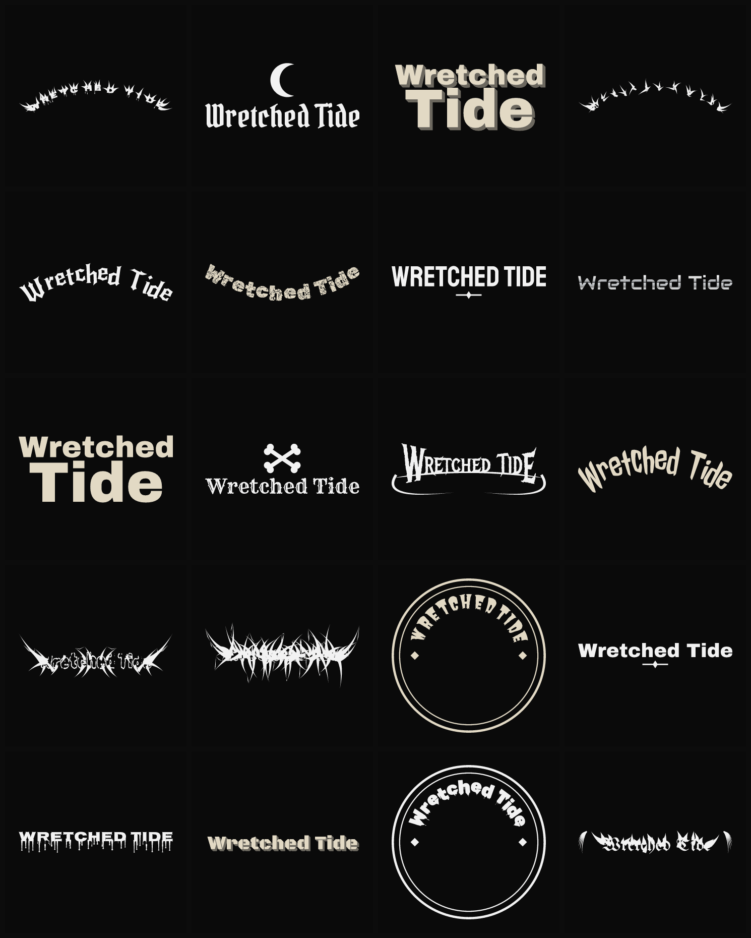 Twenty Wretched Tide band logo ideas — different faces, treatments and spike settings